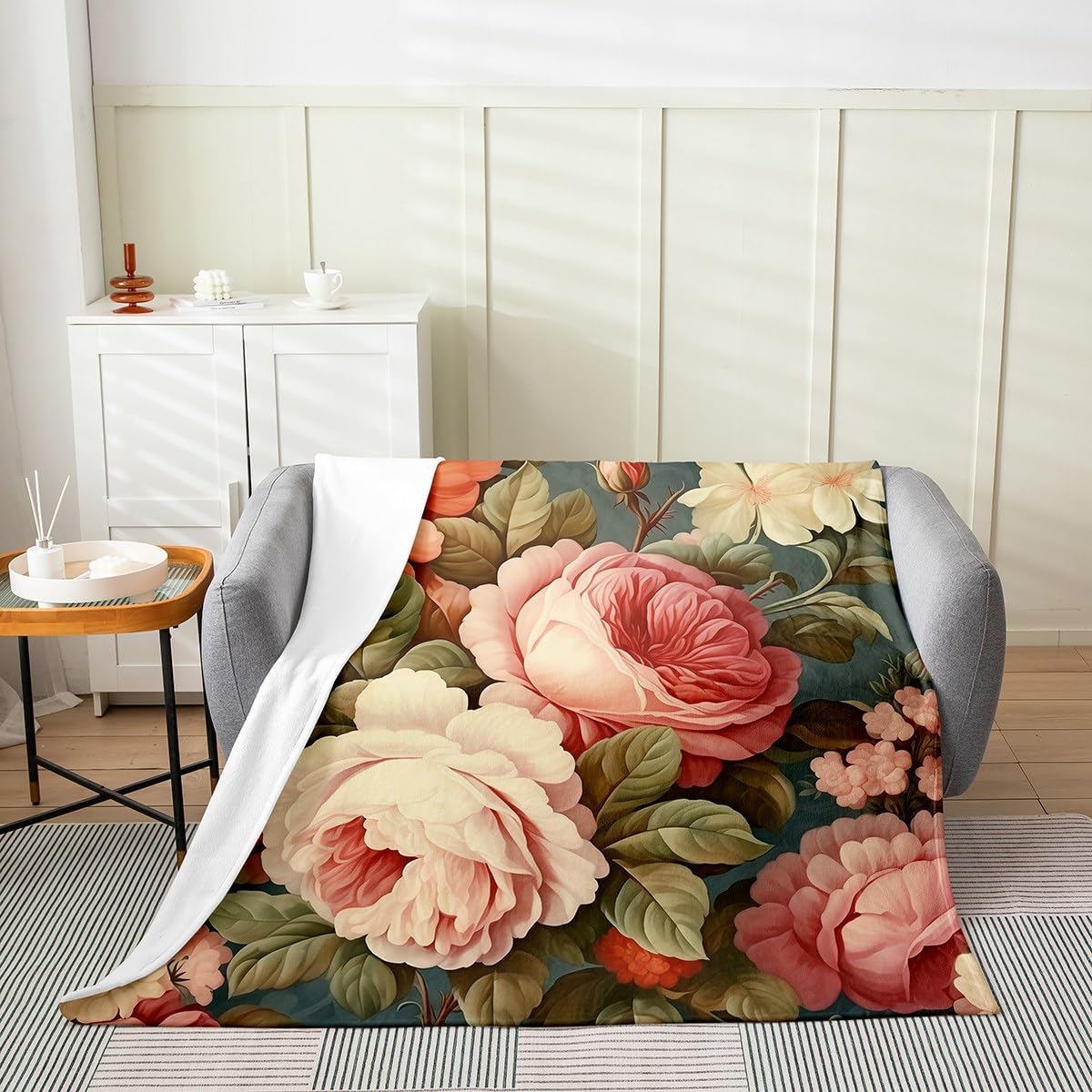 Watercolor Peony Print Fleece Blanket Throw 50x60 Pink Flower Green Leaves Blanket for Kids Vintage Floral Plant Flannel Blanket Bedroom Decor Luxury Garden Theme Bed Blanket Lightweight