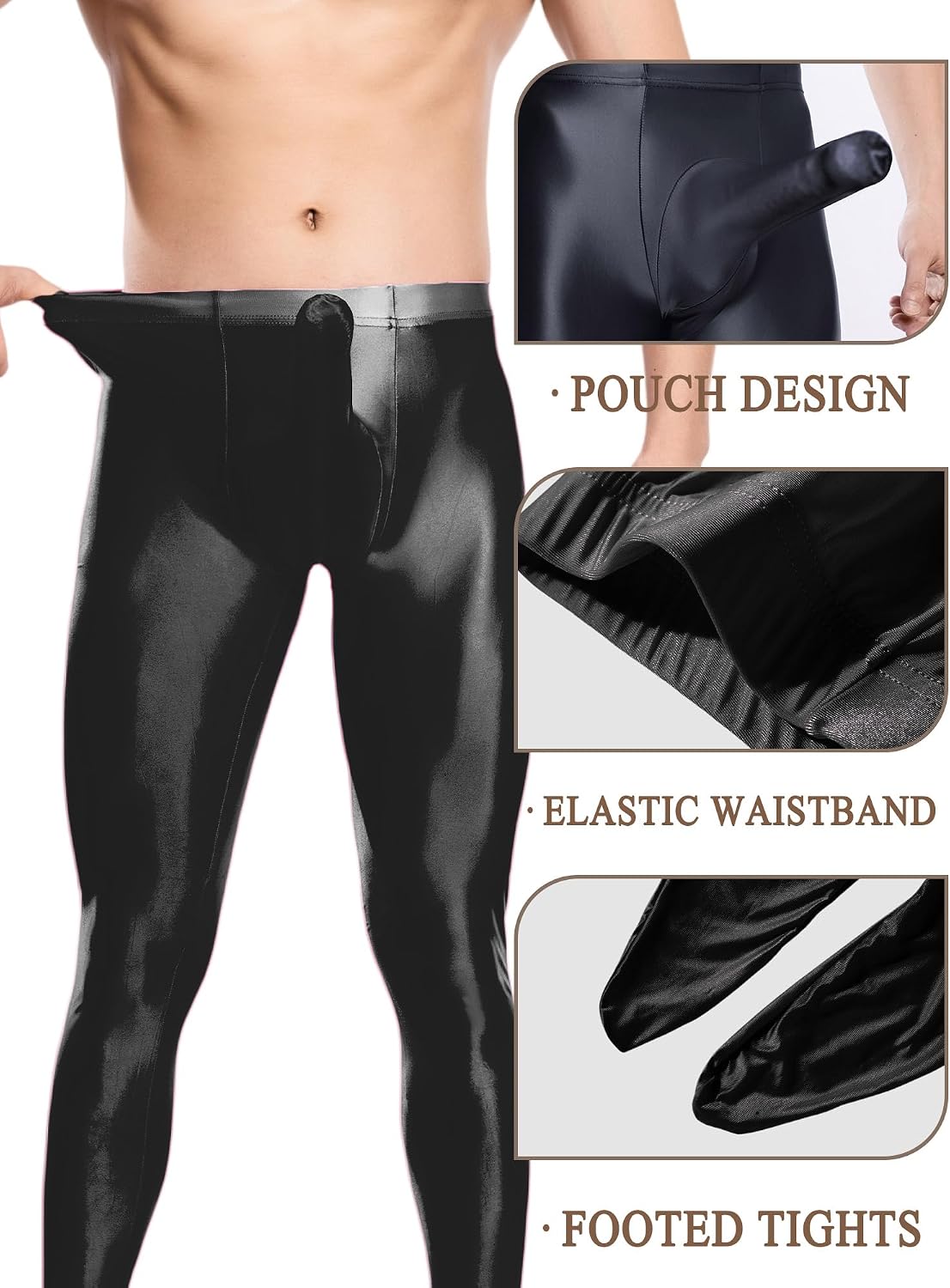 FEOYA Mens Sexy Shiny Oil Glossy Pantyhose Footed Leggings Sissy Underwear Smooth Bulge Pouch Pants See Through Tights