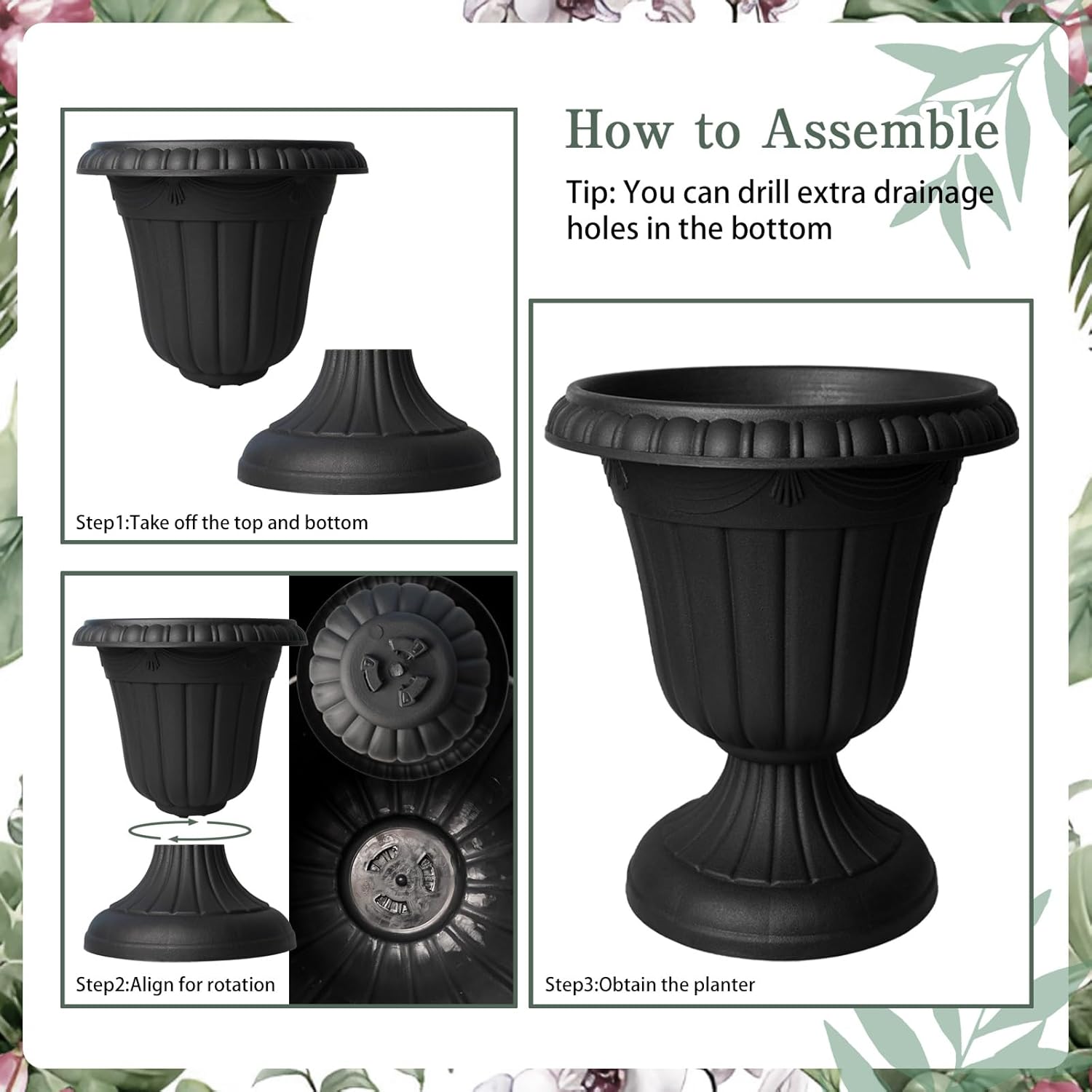 5 Pcs Plastic Urn Planter with Pedestal 10 x 11.5 Inch Black Flower Pots Classic Patio Planters for Bridal Shower Wedding Party Garden Front Porch Indoor Outdoor Home Decor