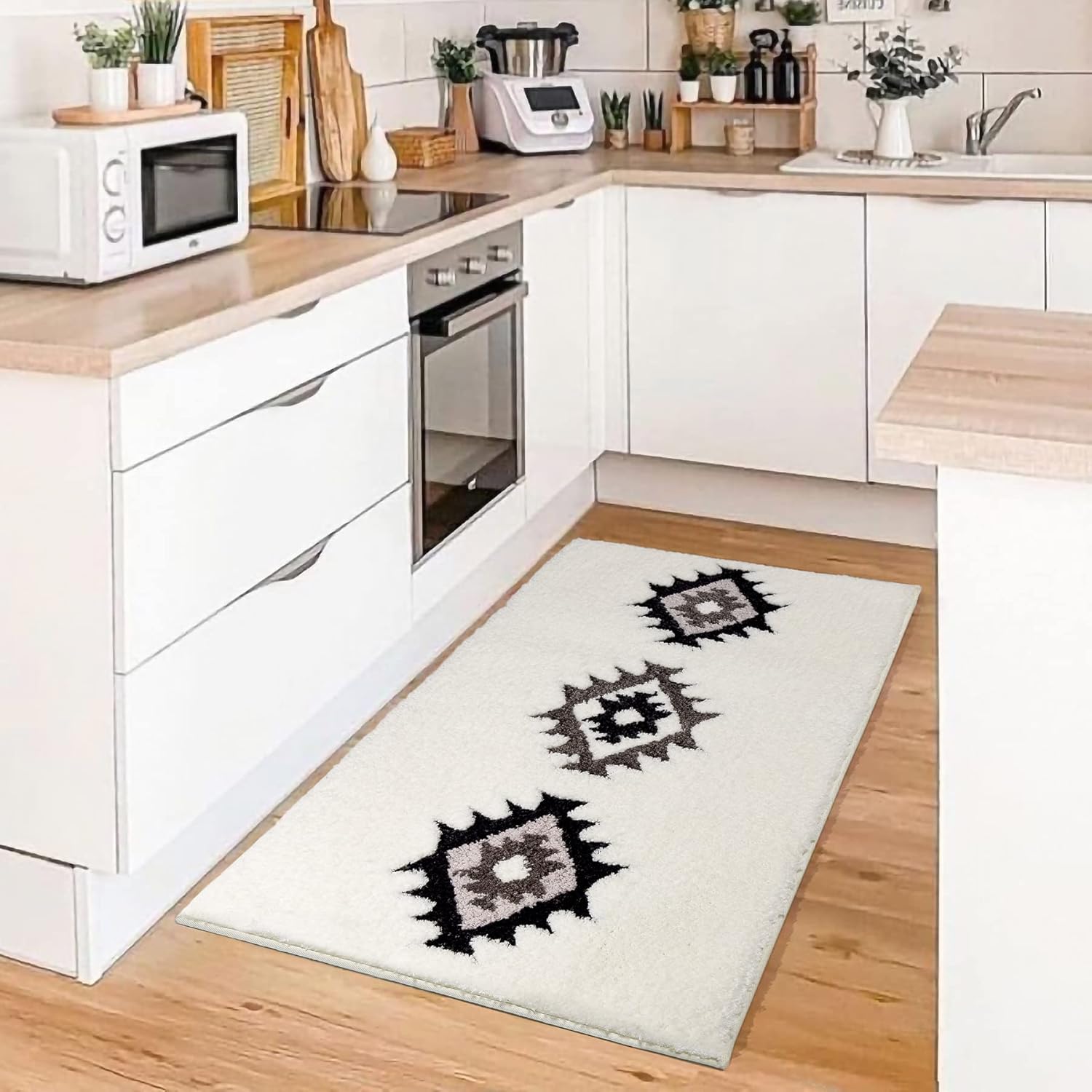 DEXDE Bathroom Rugs Boho Moroccan Bath Rug 20x32 Inches - Geometric Non-Slip Quick Dry Bath Mat, Black White Machine Washable Absorbent Soft for Bathroom, Neutral Decor
