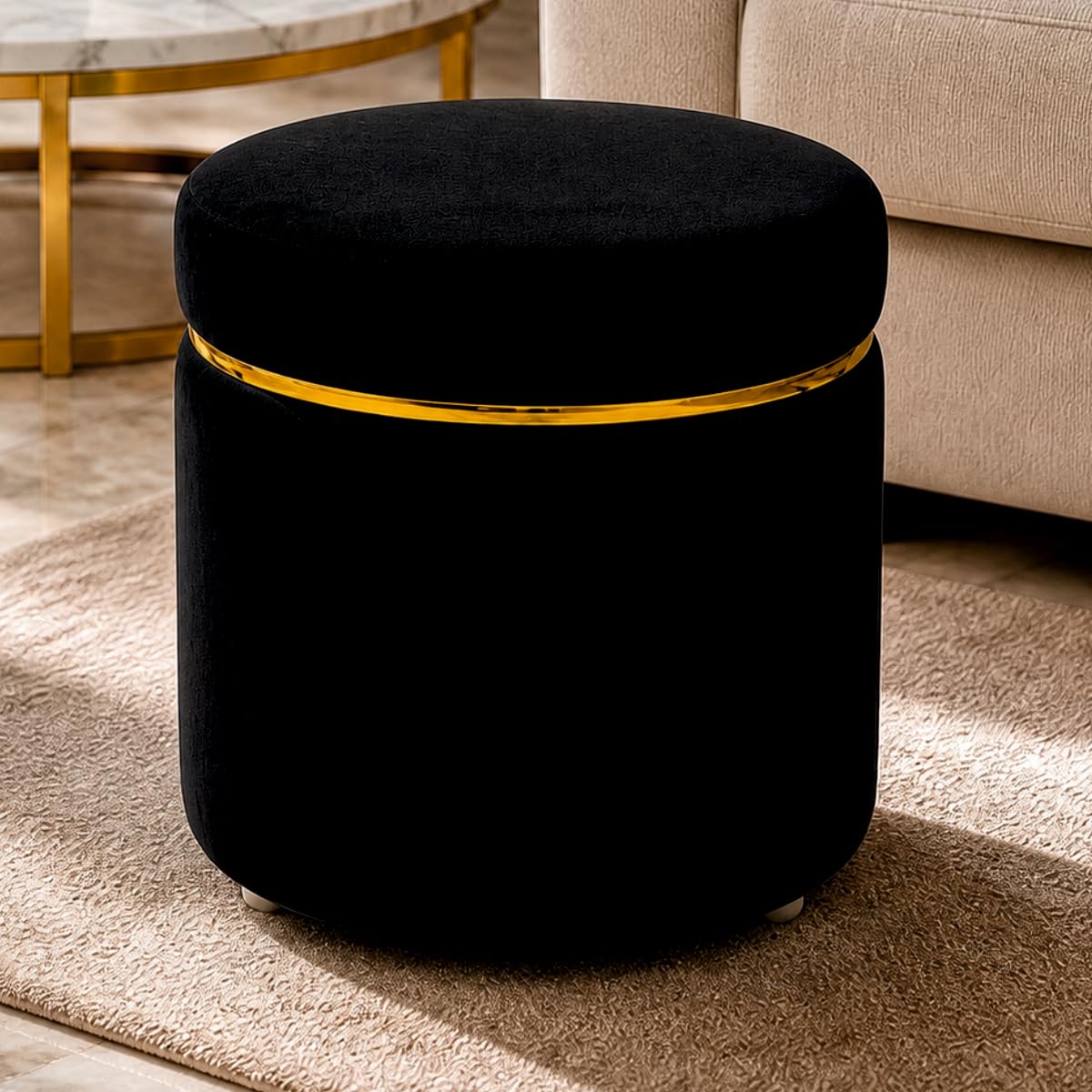Modern Velvet Puffy Ottoman Stool for Living Room | Round Footrest Pouffe with Gold Accent Band | Soft Cushioned Seat for Dressing Table, Bedroom & Home Decor (Black)-image-38