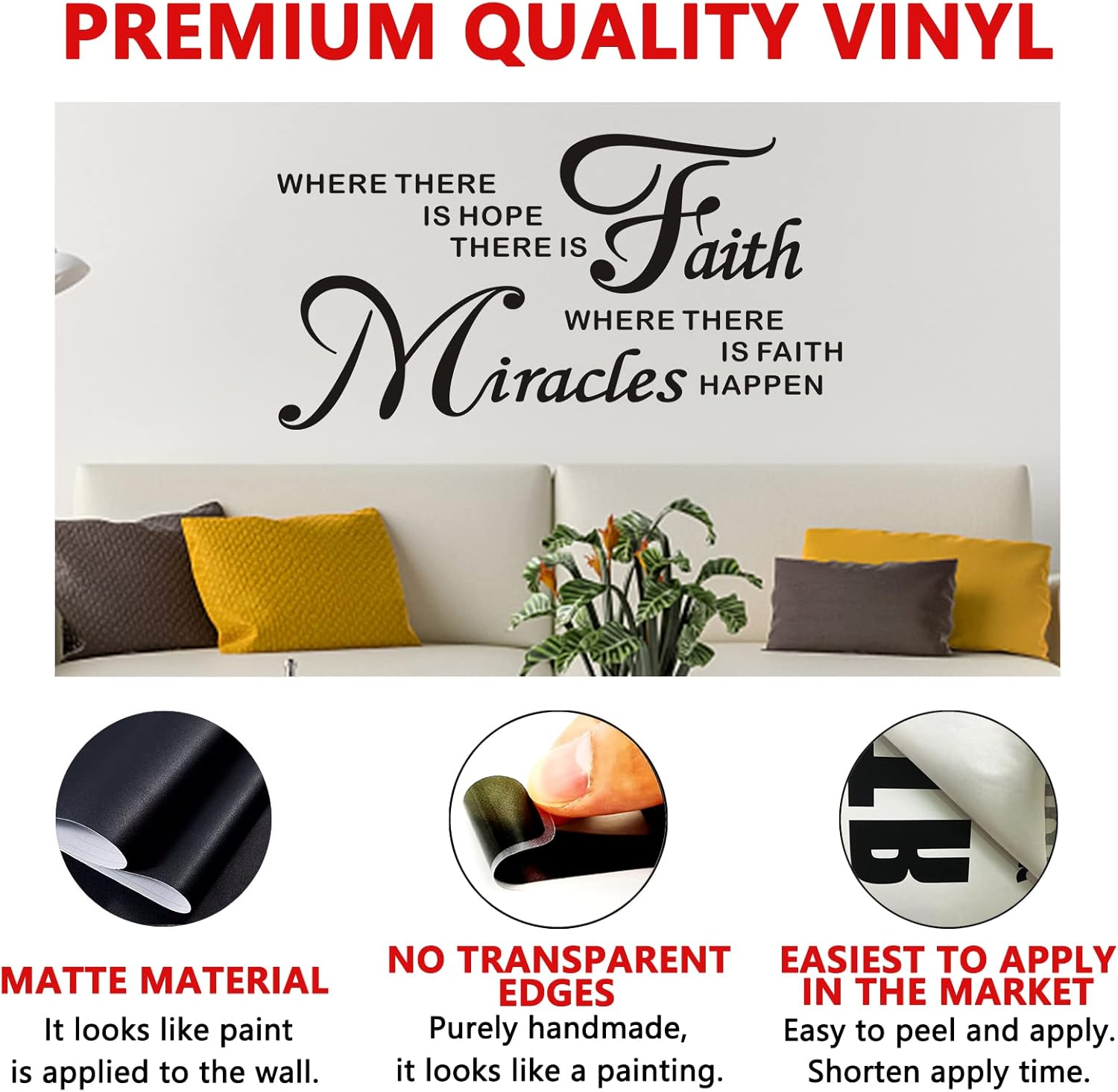 Wall Stickers, Wall Stickers for Bedrooms, (Easy to Install), for Bathroom Kitchen Living Room, Quotes Inspirational Islamic Home Vinyl Art Family Decor, Where There is Hope There is Faith 21"X11"