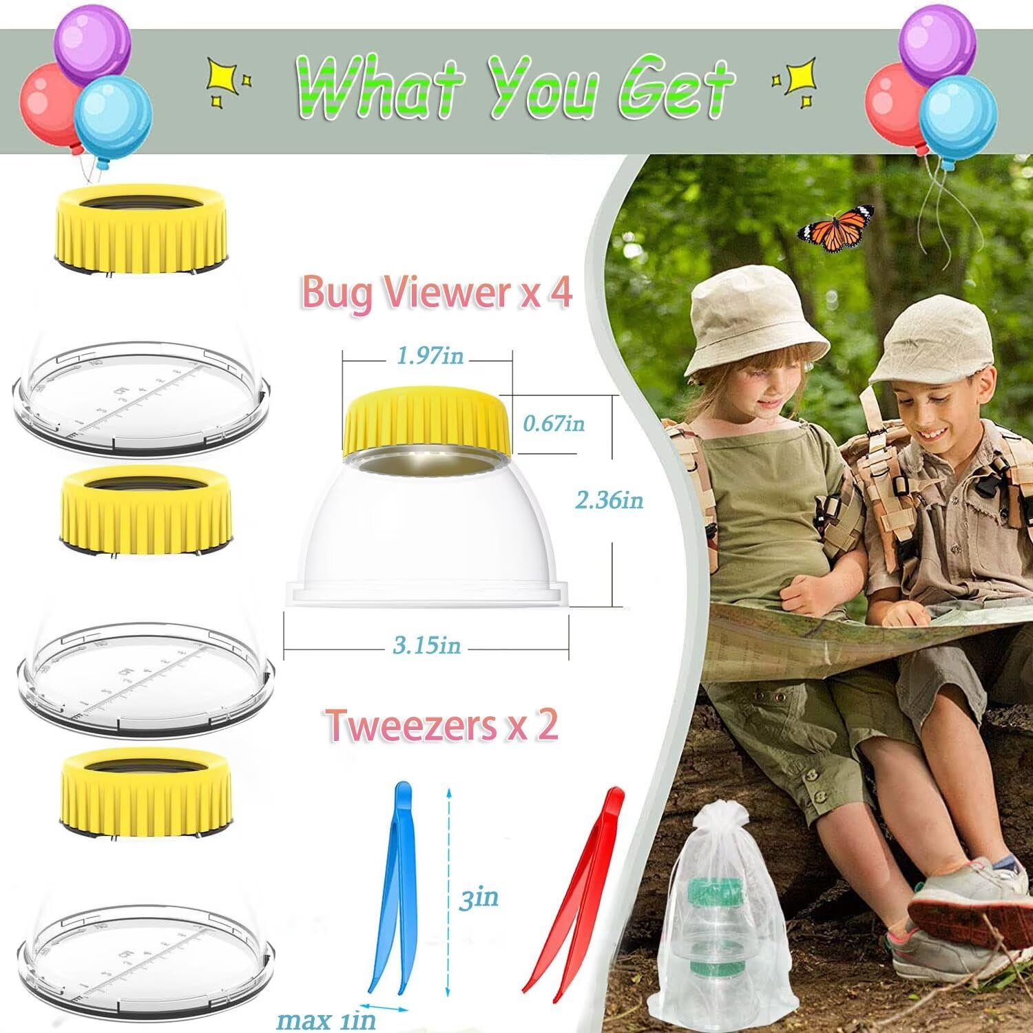 Bug Magnifying Viewer 5X Magnifyer Insect Jar Observation Kit Bug Viewer Built-in 7cm Ruler with 2 Plastic Tweezers Bug Catcher Kit for Kids Science Nature Exploration (4Pack, Yellow) - Image 6