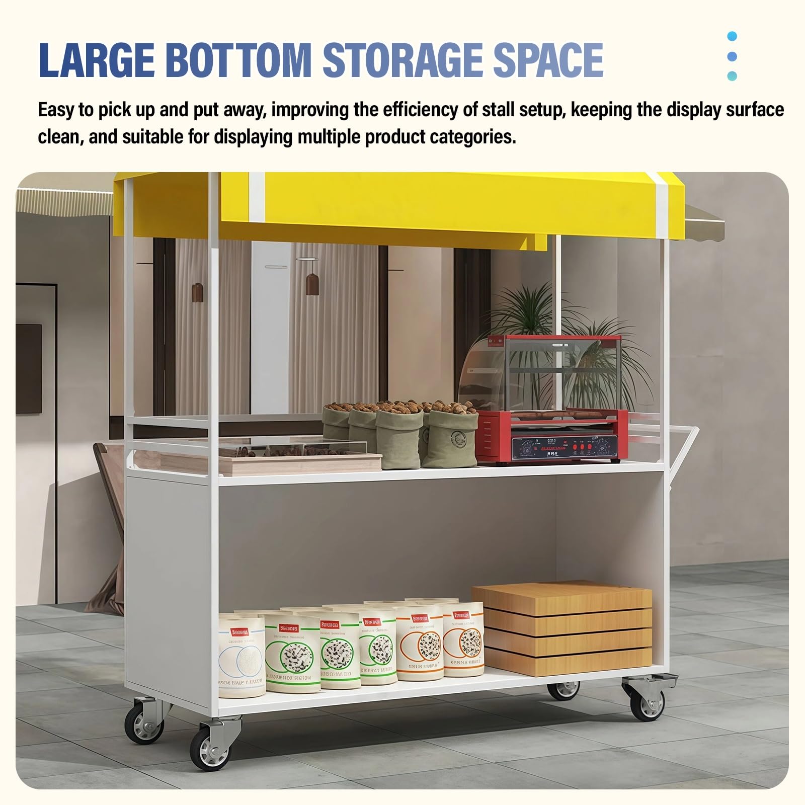 Mobiler Imbisswagen Für Marktstand Verkaufsstand, Tragbarer Wagen Mit Verriegelbaren Rädern Und Überdachung, Metall-Outdoor-Display Mit Großer Ablage Und Stauraum Für Märkte Und Events