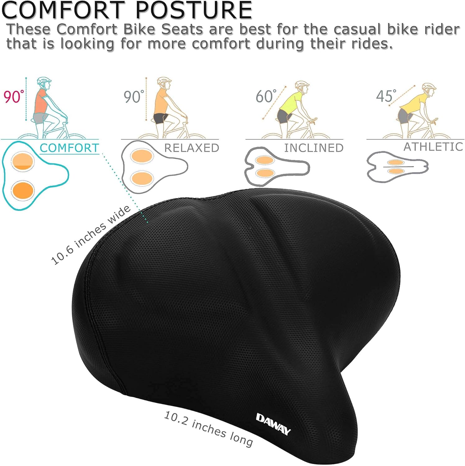 DAWAY C40 Comfortable Oversized Bike Saddle and C9 Black Soft Gel Foam Padded Extra Large Bicycle Seat Cover for Men Women, Universal Fit for Outdoor Indoor Exercise Bikes