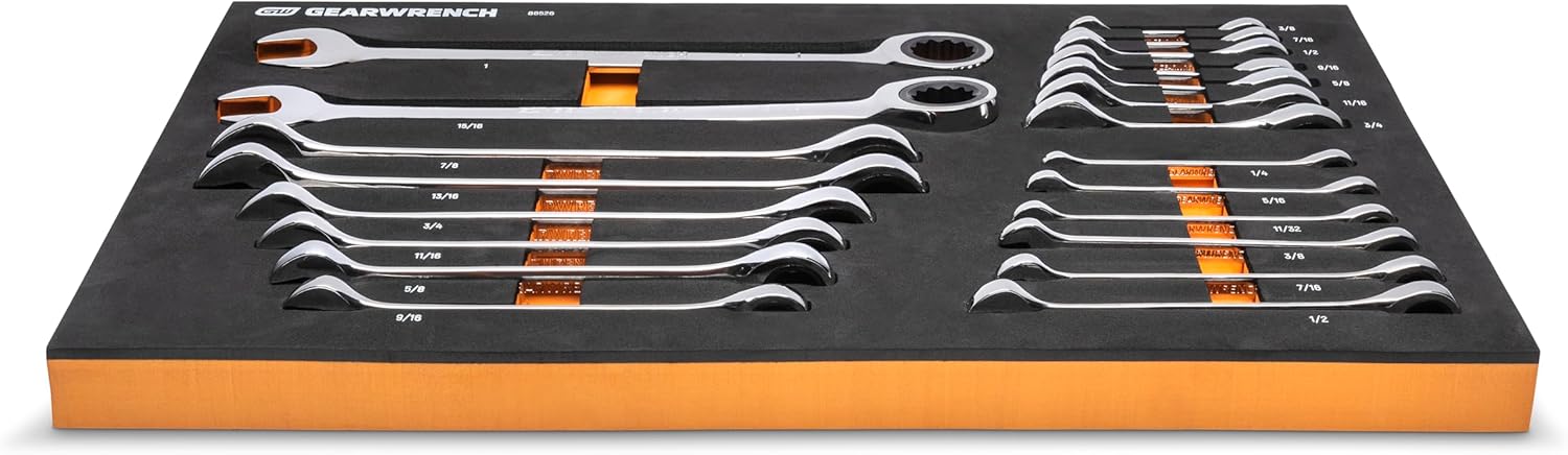 GEARWRENCH 21 Piece 72T SAE Standard & Stubby Ratcheting Wrench Set with EVA Foam Tray - 86526