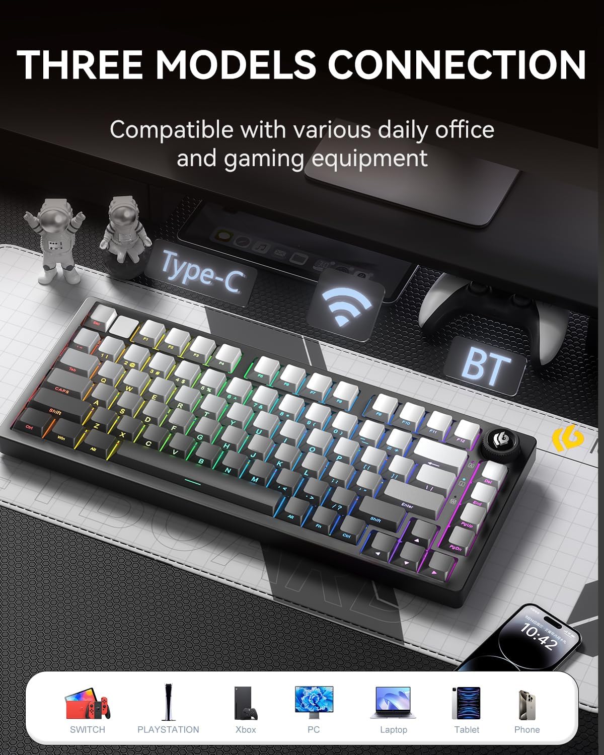 LEOBOG HI75C Pro Mechanical Keyboard, 75% Hot Swappable Gaming Keyboard with Five-Layer Knob, Bluetooth/2.4GHz/USB-C Wireless Keyboards for Windows/MAC/iOS/Android - Reaper Switch, Grey - Image 7