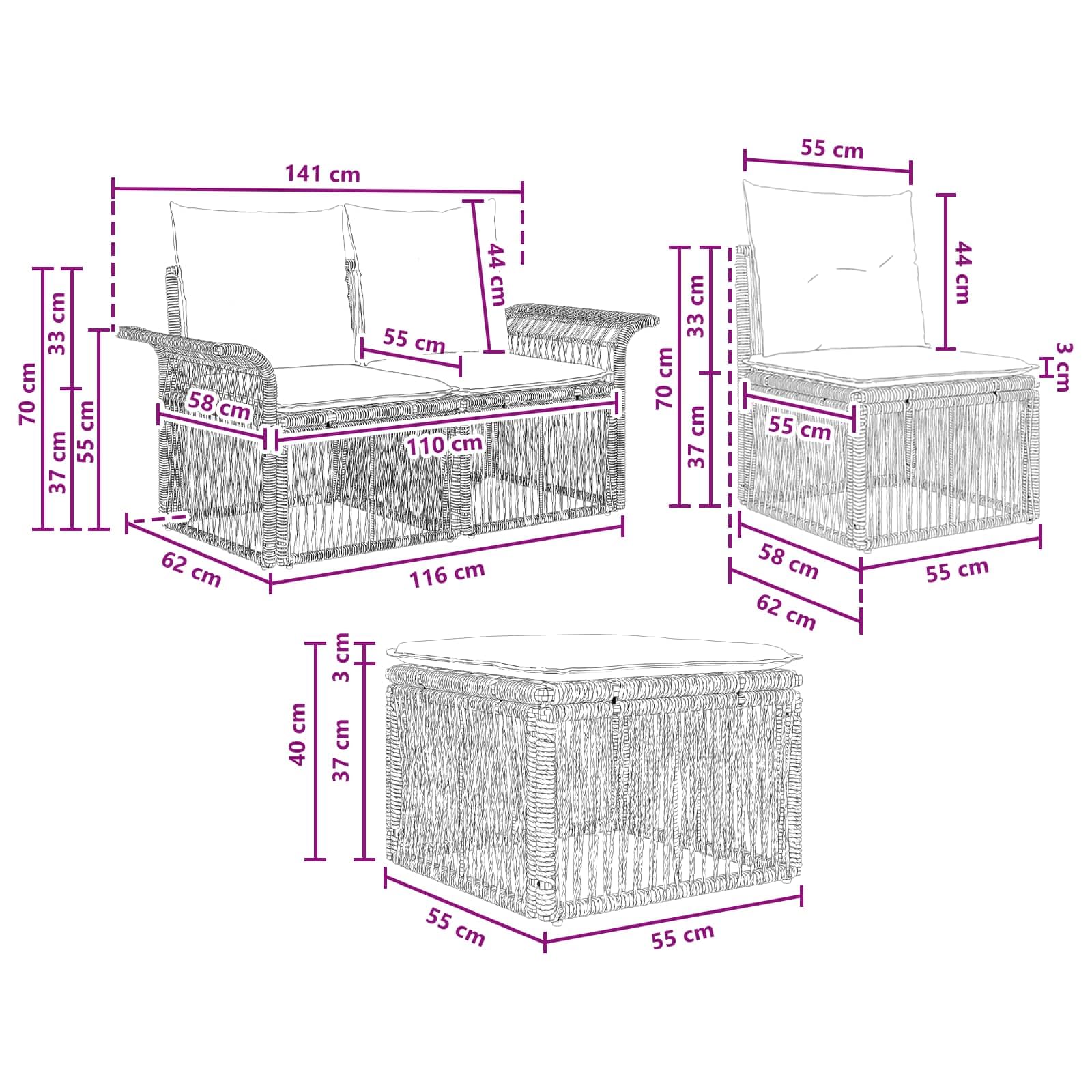 Set di 5 divani da giardino in polyrattan, colore nero | Salotto angolare modulare per giardino e terrazza con comodi cuscini e robusto telaio in acciaio.