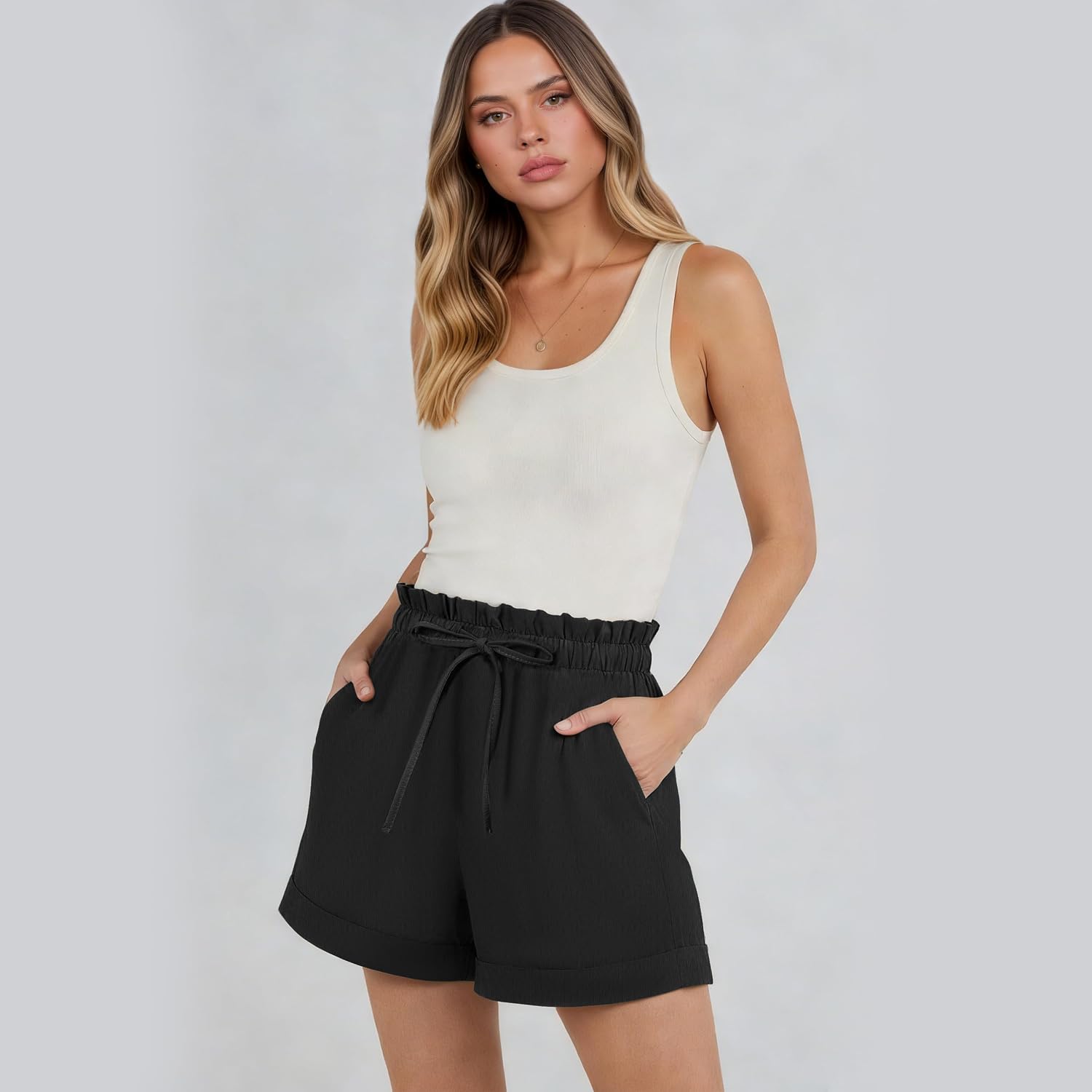 TCHH-DayUp Women‘s High Waisted Elastic Waist Shorts with Pockets - Lightweight Summer Beach Casual Lounge Drawstring Shorts
