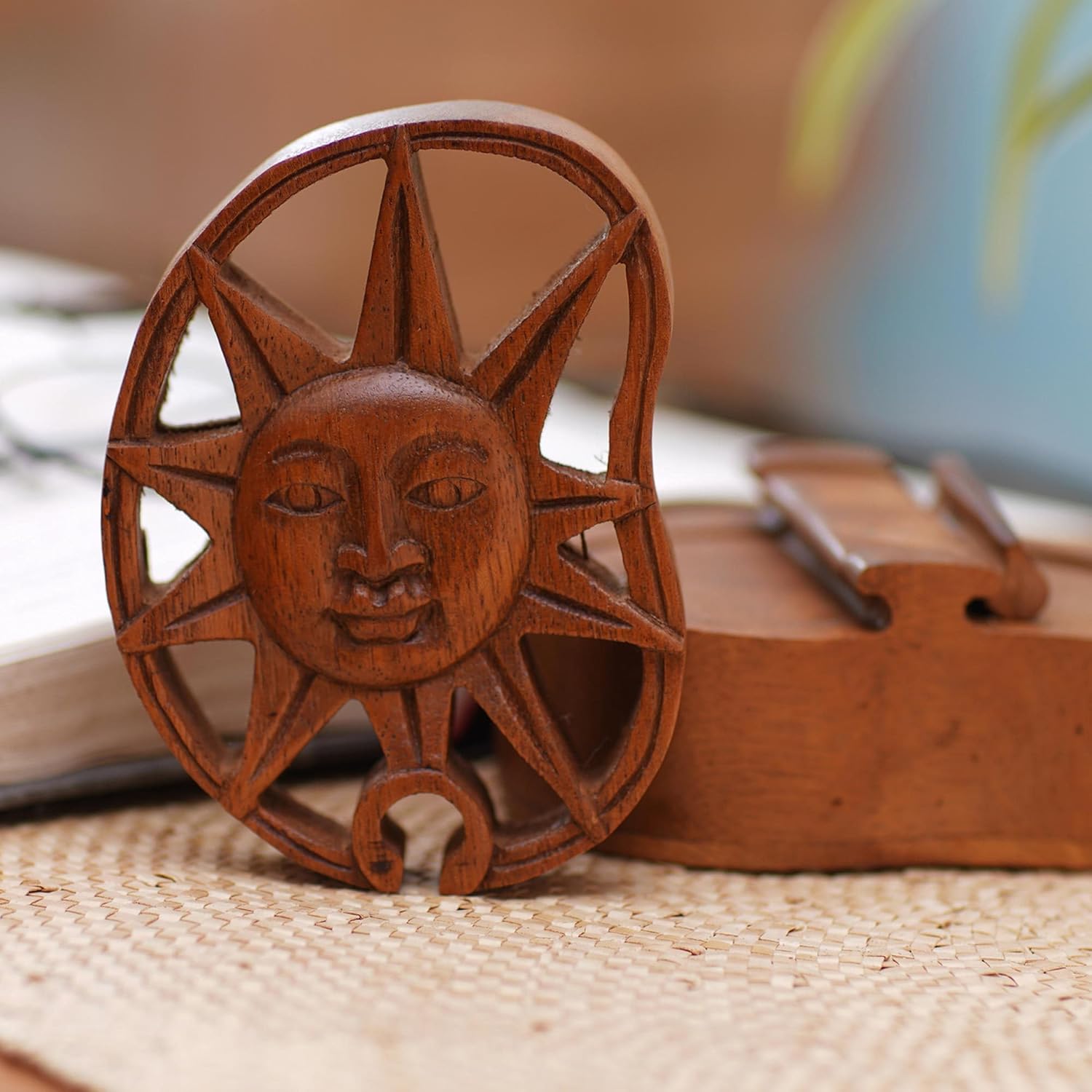 NOVICA Artisan Handmade Wood Puzzle Box Suar with Sun Motif Brown Indonesia Sculpture Moon 'Sun's Treasure'