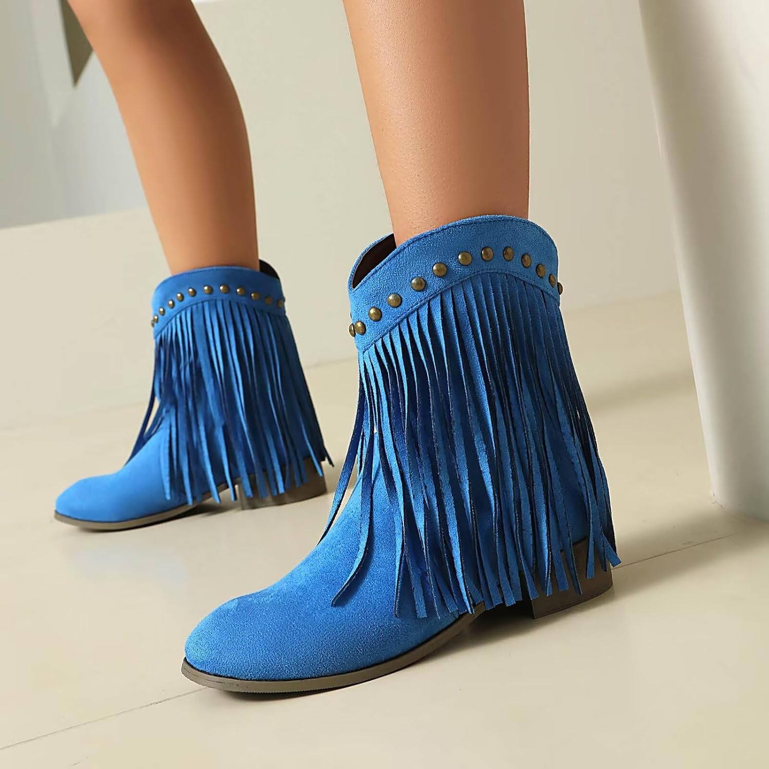  Cowboy Boots for Women Ankle Western Fringe Booties Low Heel Rivet Boots thumbnail