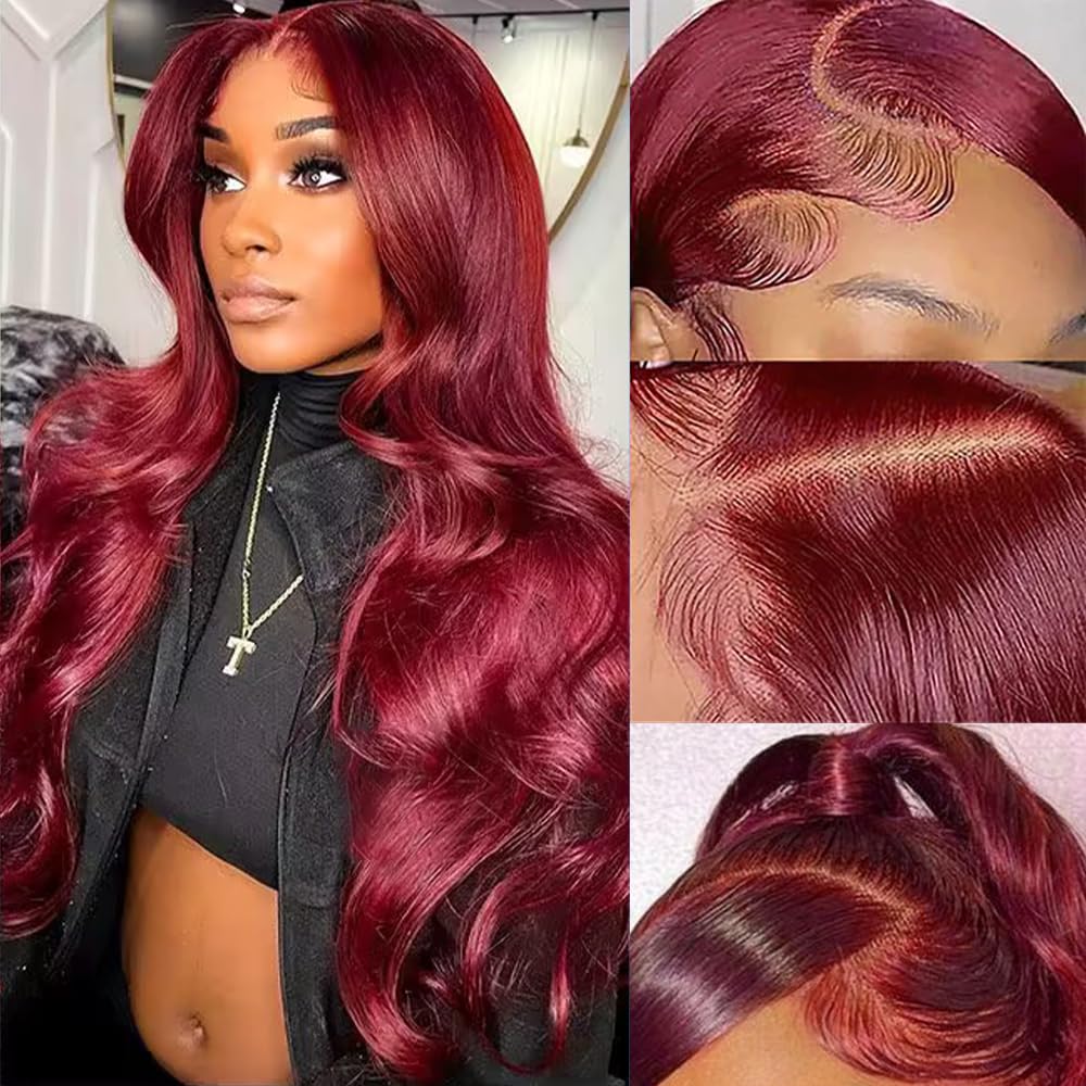 Avolo 99J Burgundy Lace Front Wigs Human Hair Body Wave Lace Front Wigs Human Hair Red Colored Human Hair Lace Front Wigs 180% Density Glueless Wigs