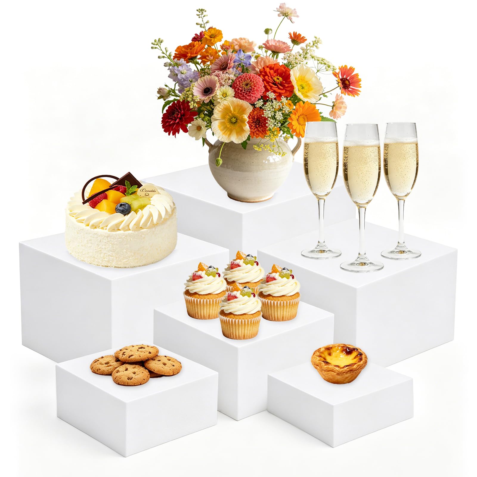 6 alzate per torte, accessori per buffet, in acrilico, bianco, per tavolo da buffet, 12,7 x 15,2 x 17,8 x 22,8 x 25,4 cm, supporto per cupcake, per compleanni, feste, matrimoni
