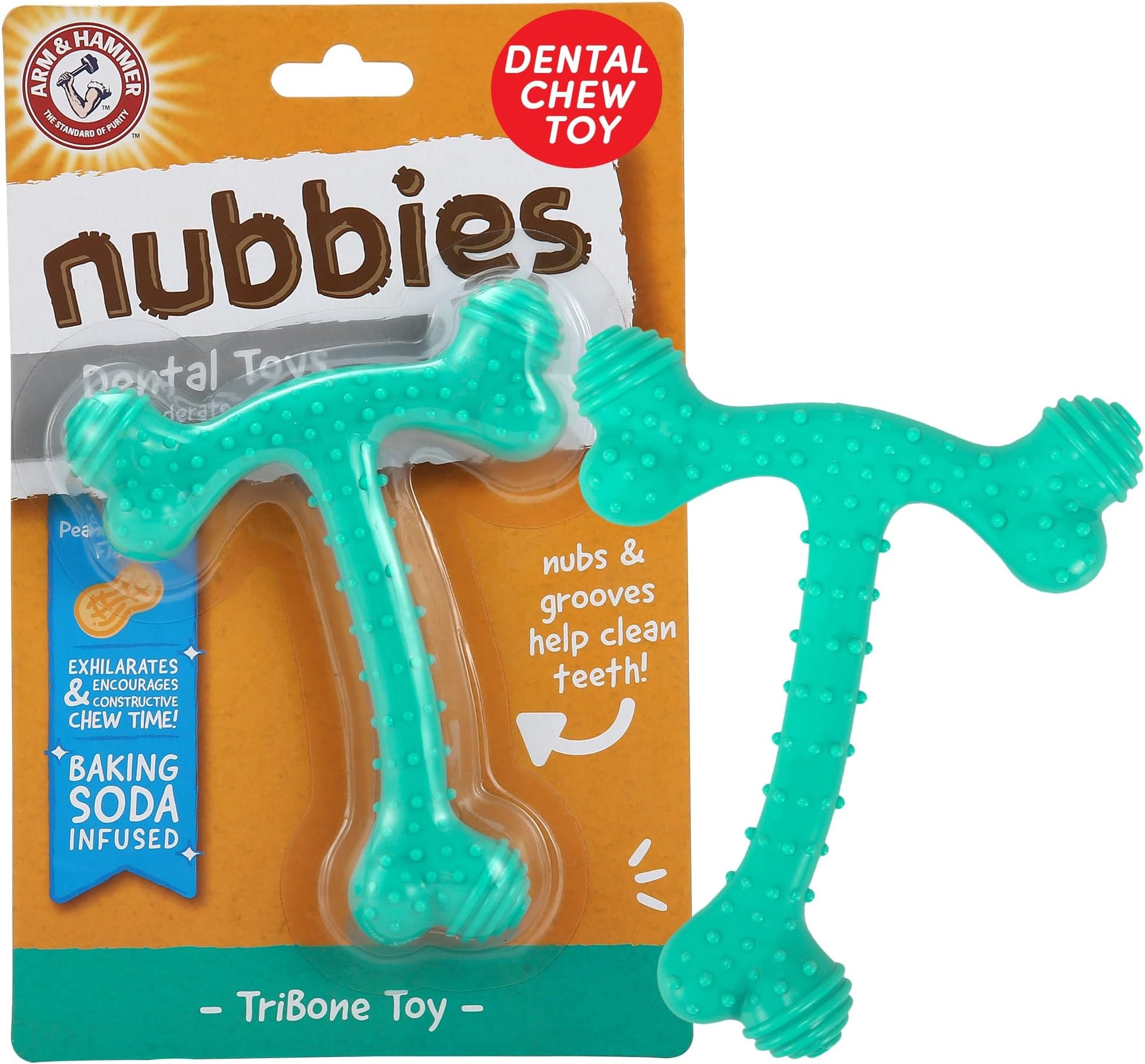 Arm and Hammer Nubbies T-Bone Dental Dog Chew Toy with Peanut Butter Flavor, TPR Nubs Clean Teeth and Gums, Durable Nylon Chew for Aggressive Chewers, Helps Reduce Plaque and Tartar