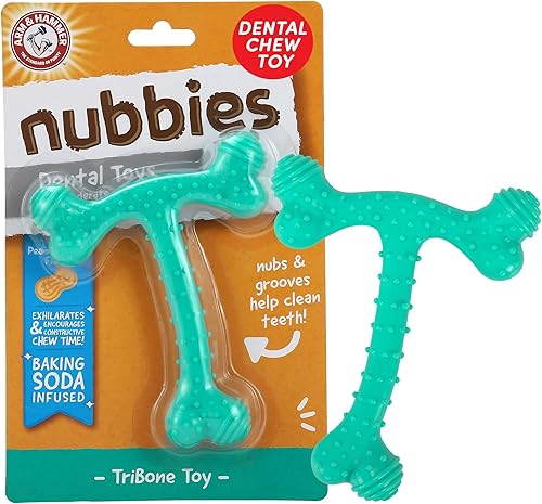 Arm & Hammer Nubbies T-Bone Masticables dentales para perros, sabor a mantequilla de maní - Juguetes masticables de nailon duraderos para perros,