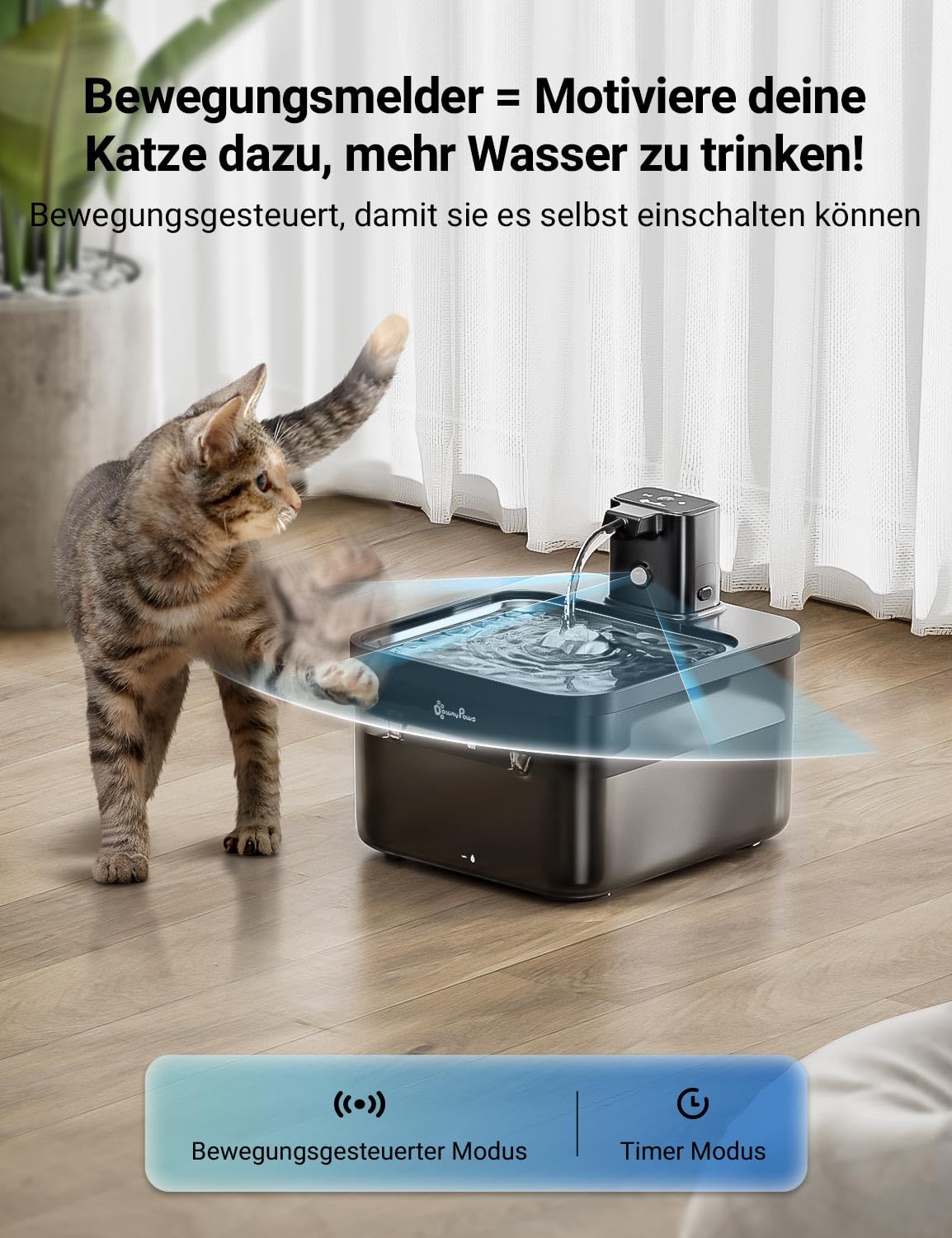 DownyPaws 2.5L Trinkbrunnen für Katze Kabellos, Katzenbrunnen Kabellos mit Bewegungsmelder, Batteriebetrieben Katzentrinkbrunnen, 4000mAh, Leise Wasserpumpe, Tablett aus Edelstahl für Katze, Schwarz