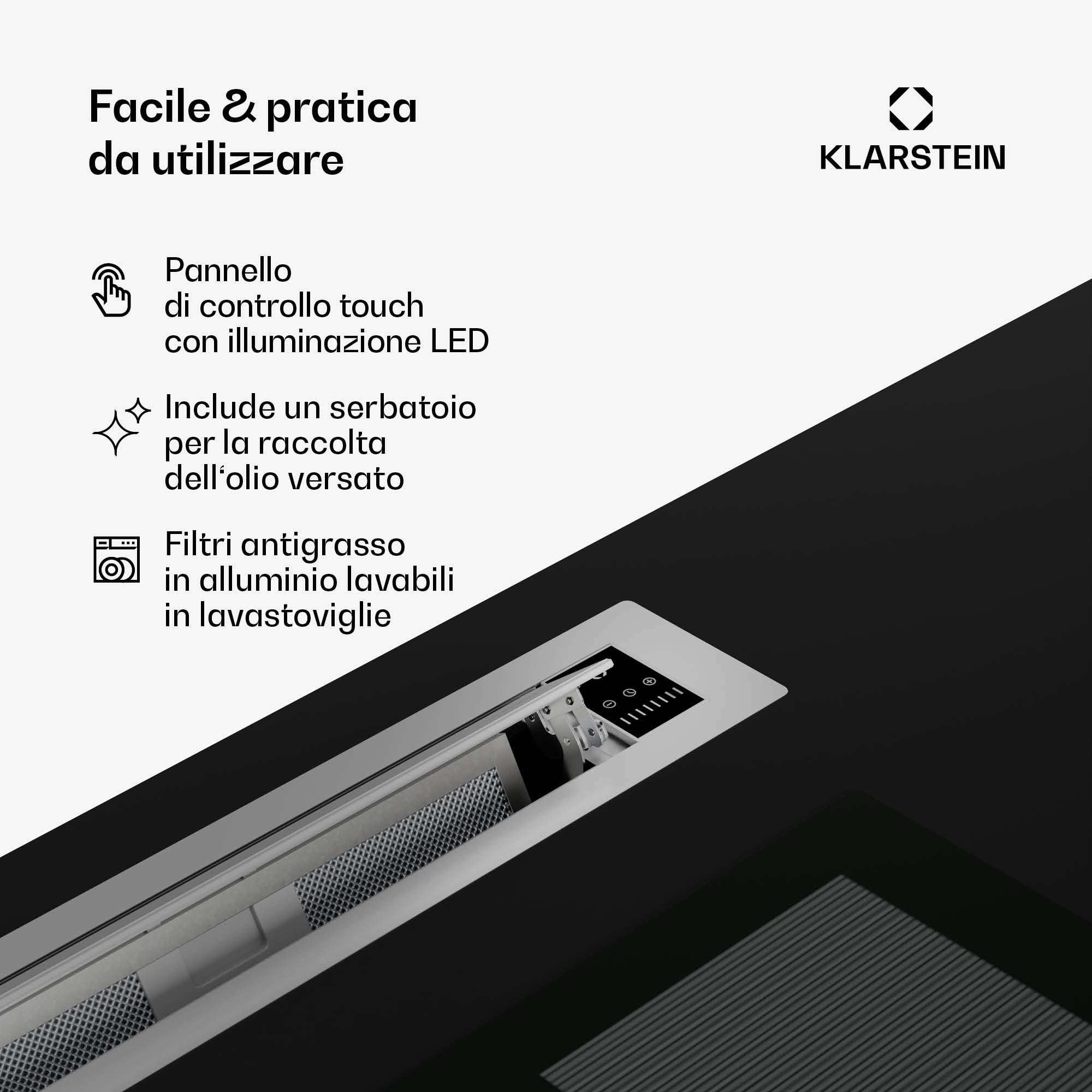 Cuffia da cucina Klarstein 90cm, cuffia di aspirazione downdraft, flusso d'aria 708m³/h, 3 velocità, comandi a sfioramento, modalità booster, cuffia di aspirazione retrattile 90cm