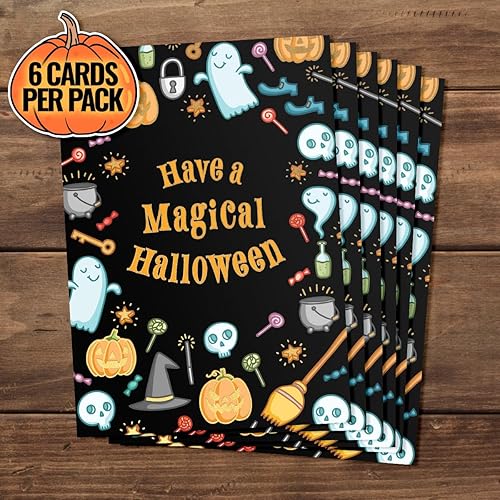 Miniatura 7 de Designer Greetings Tarjetas de Halloween, ten un Halloween mágico con bonitos iconos espeluznantes (6 tarjetas con sobres naranjas), perfectas para