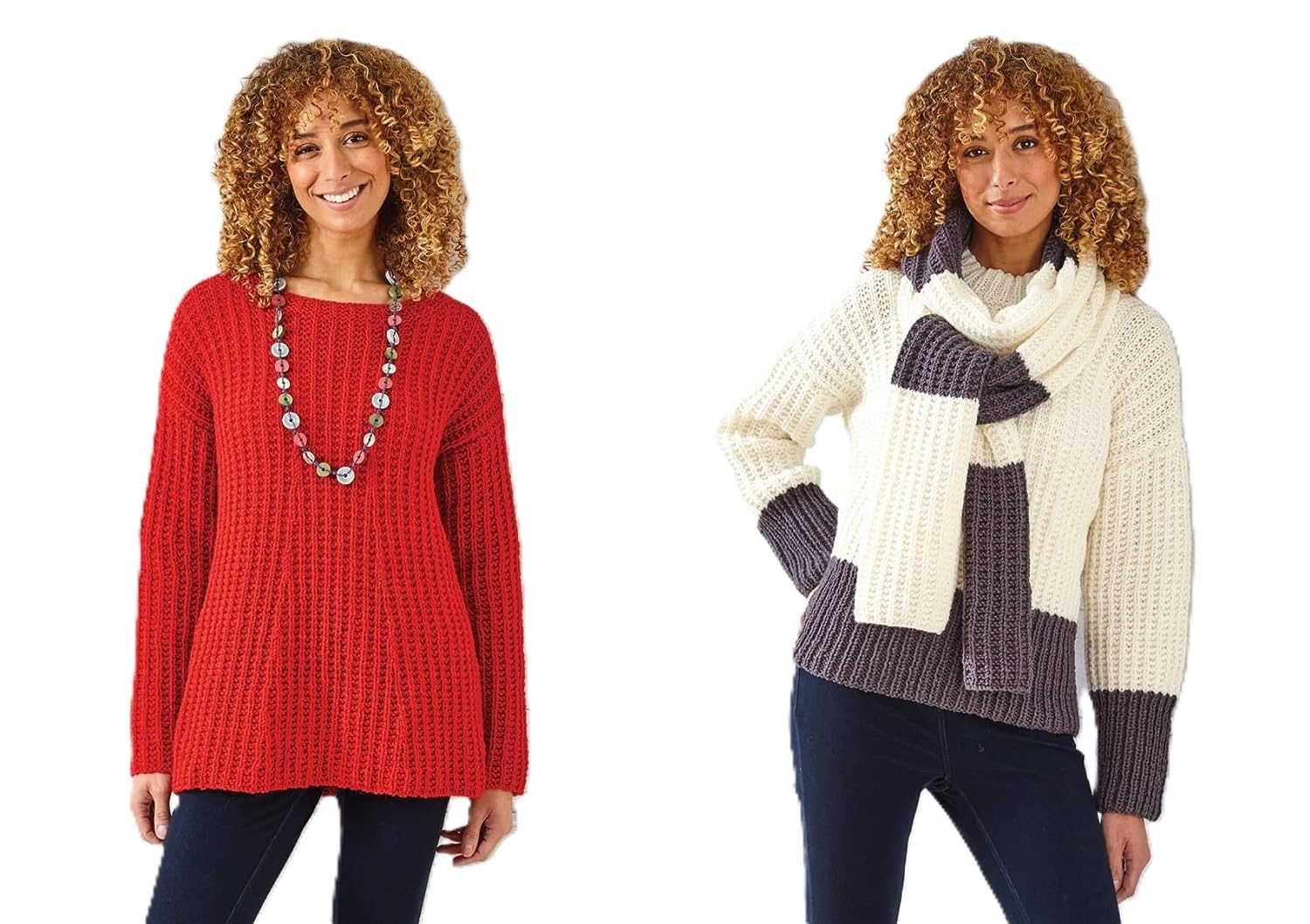 King Cole Women's Multi Chunky Knitting Pattern Flared Or Straight Sweater & Scarf (5895)