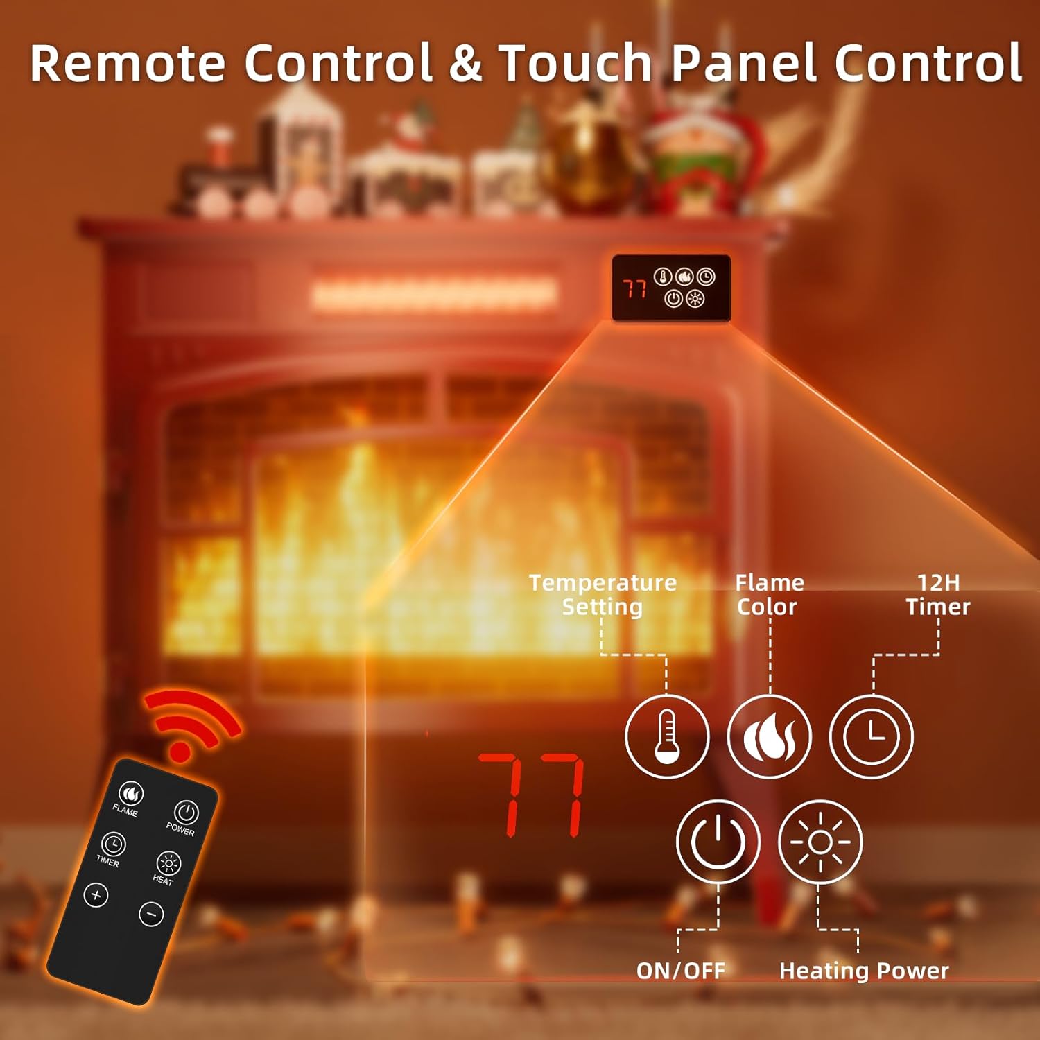 Image illustrating the remote control and touch panel controls of the Eueiriup electric fireplace, showing buttons for temperature setting, flame color, 12-hour timer, on/off, and heating power.