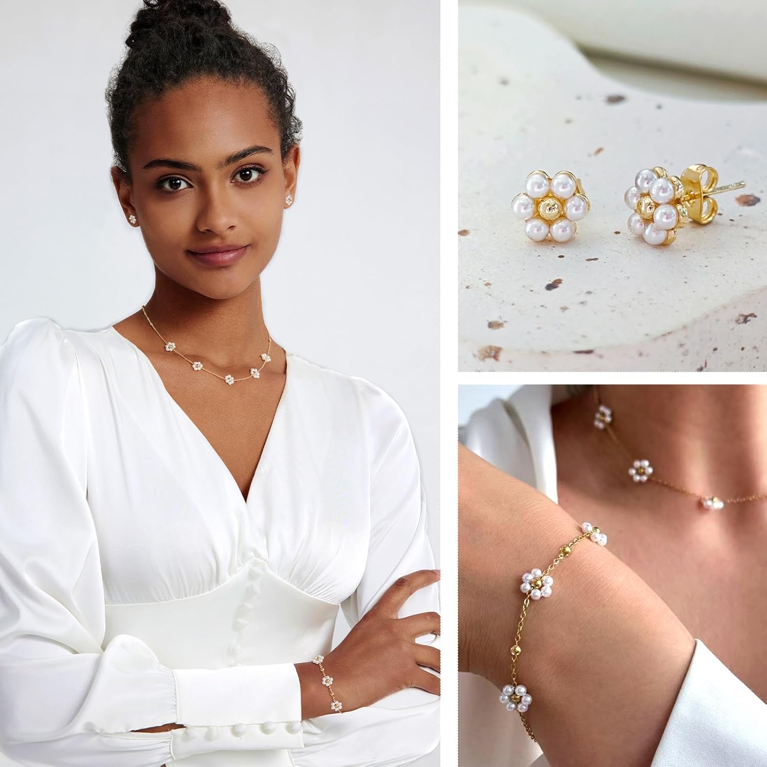 Zeffy Gold Pearl Necklace for Women, Dainty 14K Gold/Silve Plated Layered Pearl Choker Pearl Earrings Pearl Bracelets Wedding Trendy Gold Jewelry Set for Women Gifts - Image 4