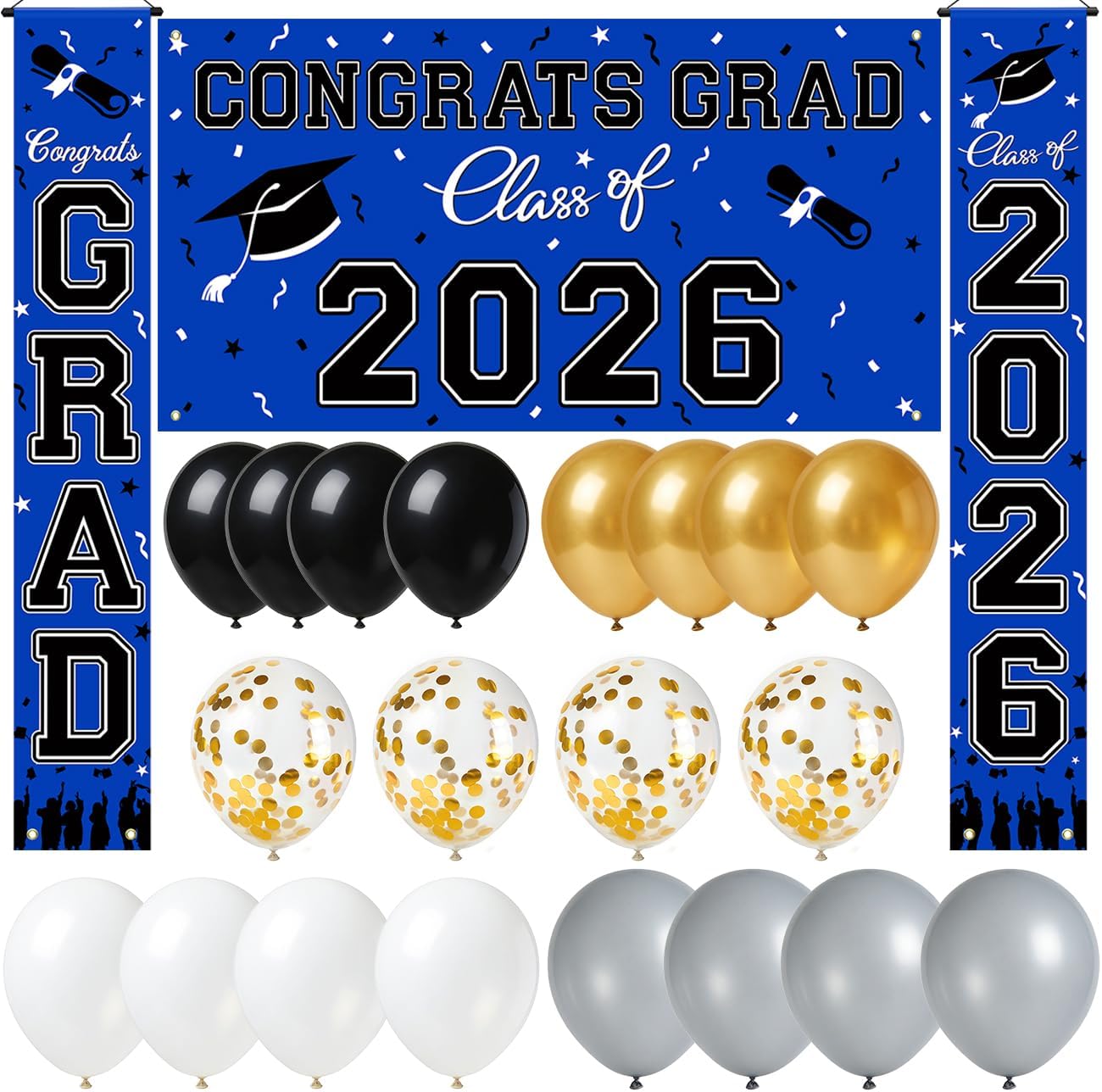 WOHOHOHO 23Pcs Graduation Decorations 2026 Set, Blue Porch Door Sign GRAD Banner, Class of 2026 Backdrop, 5 Colors Large Balloons, Hanging Party Supplies for High School College Indoor Outdoor Decor