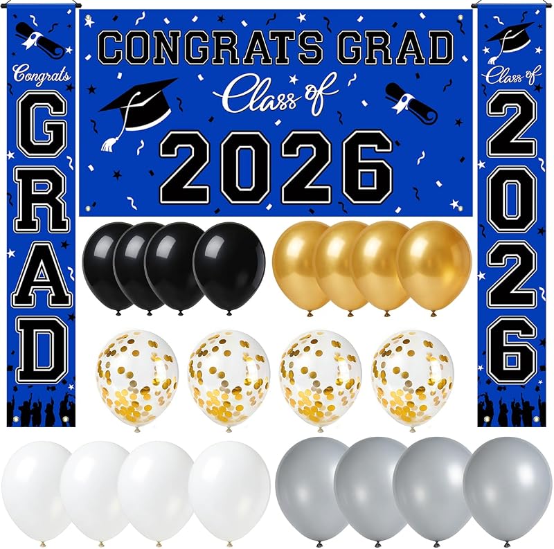 WOHOHOHO Juego de 23 decoraciones de graduación 2026, letrero azul para puerta de porche, pancarta GRAD, telón de fondo de clase 2026, globos grandes de 5 colores, suministros para fiestas colgantes para decoración interior y exterior de la escuela secundaria