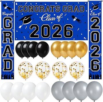 WOHOHOHO 23Pcs Graduation Decorations 2026 Set, Blue Porch Door Sign GRAD Banner, Class of 2026 Backdrop, 5 Colors Large Balloons, Hanging Party Supplies for High School College Indoor Outdoor Decor
