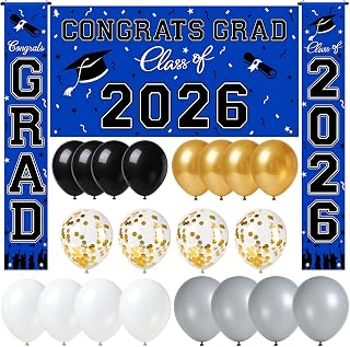 WOHOHOHO 23피스 졸업 장식 2026 세트, 블루 현관 문 사인 그라데이션 배너, 2026년 클래스 배경, 5가지 색상 대형 풍선, 고등학교 대학 실내 실외 장식용 걸이용 파티 용품