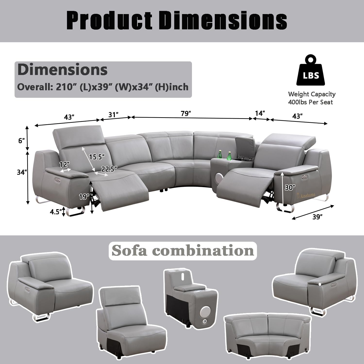 A Ainehome Power Leather Reclining Sectional Sofa with 2 Recliners for Living Room, Power Reclining Sofa Couch with USB Ports, Grey Top Genuine Cowhide Leather Couch with Console for Home/Office