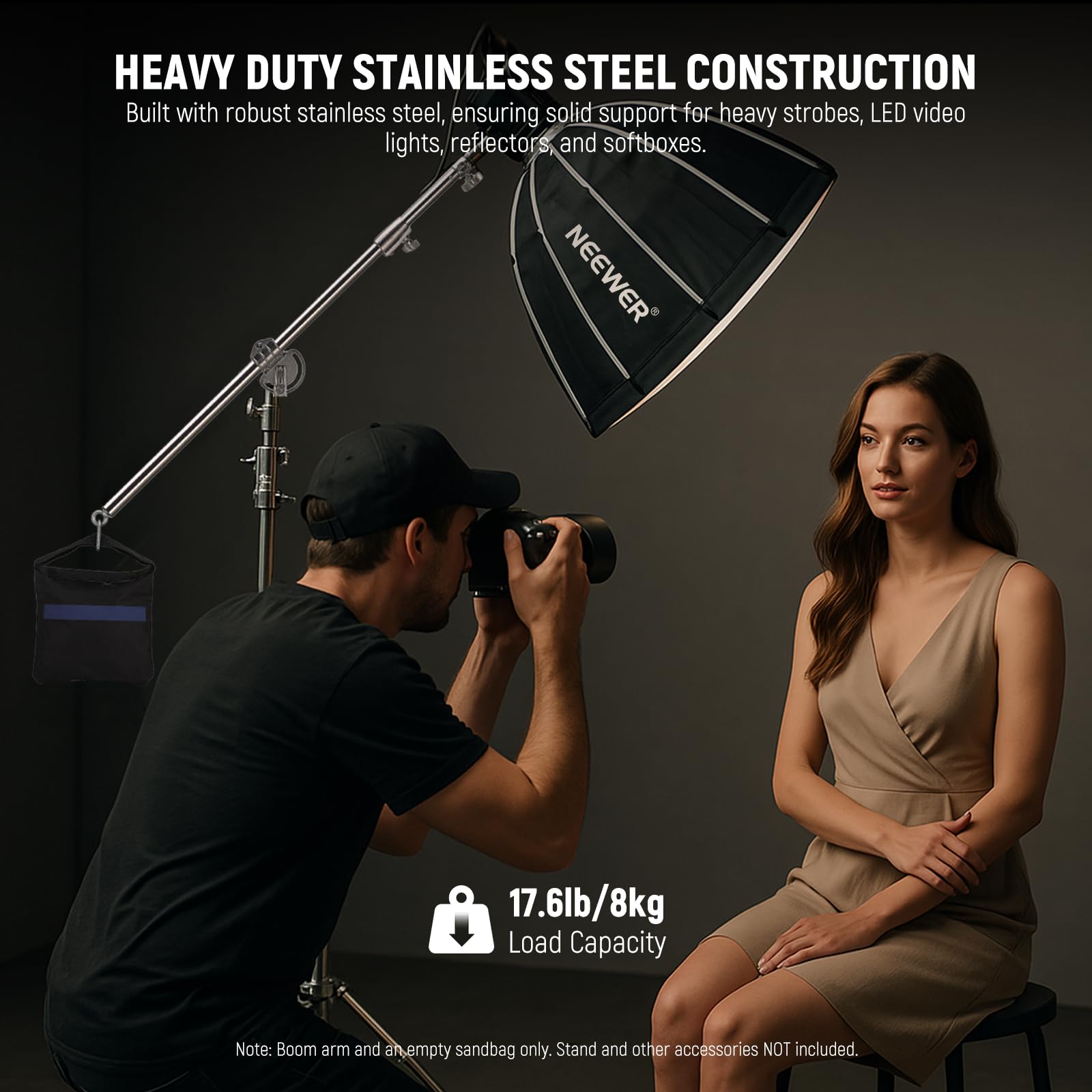 NEEWER Heavy Duty Stainless Steel Extension Boom Arm 17.6lb Load Capacity for C Stand and Light Stand, 38.6-66.3