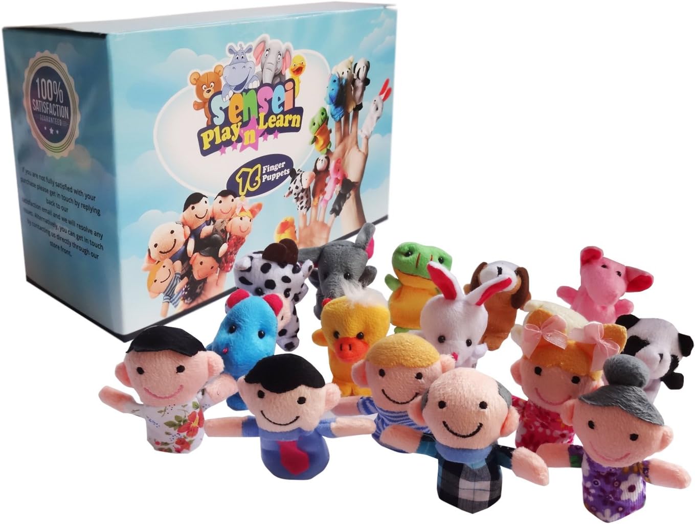Sensei Play ‘n’ Learn Finger Family Puppets - People & Animals - 16 pcs - Finger Puppets Zoo Animals & Family Puppets For Kids, Babies, Toddlers & The Whole Family