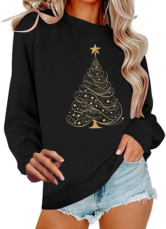 Womens Christmas Raglan Long Sleeve Sweatshirt Cute Xmas Tree Printed Shirt Holiday Graphic Shirts Pullover