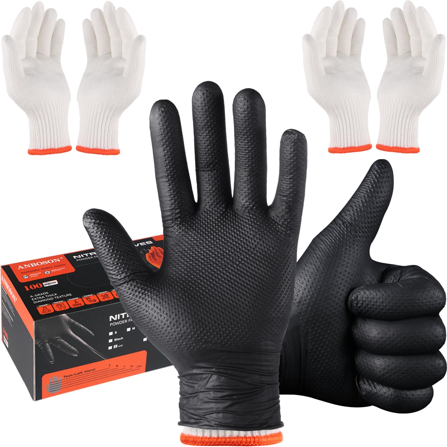 ANBOSON Guantes desechables negros para barbacoa, talla XL, 100 unidades, con 2 pares de guantes de algodón lavables, resistentes, reemplazables, 10 mil, con textura de diamante, guantes de nitrilo