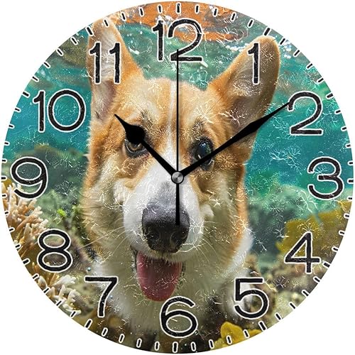 Reloj de pared con aspecto corgi, funciona con pilas, silencioso, de cuarzo, analógico, rústico, estilo rural, redondo, decoración retro para el