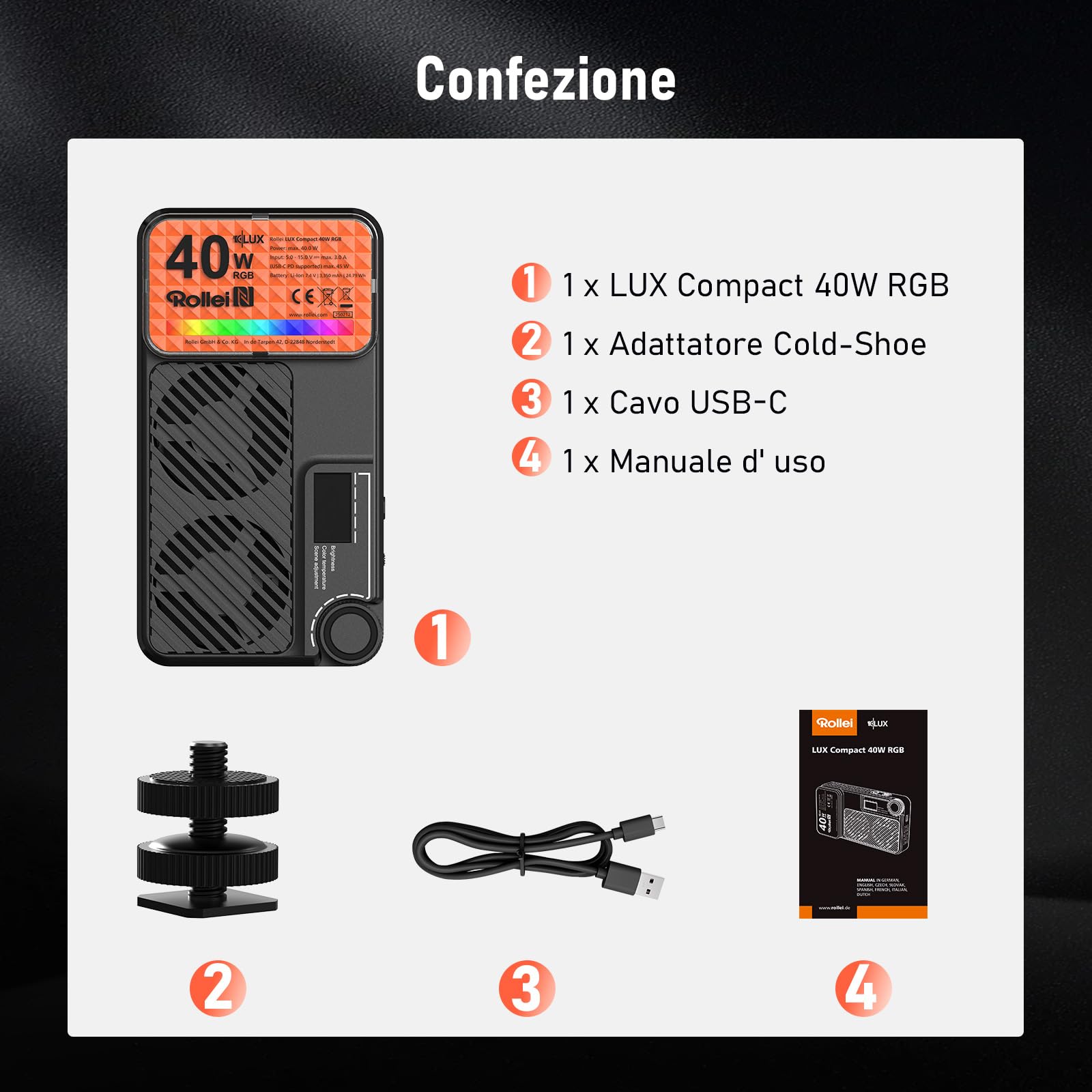 Rollei LUX Compact 40W RGB Faretto Fotografia, Luce Macchina Fotografica Portatile 282 g con Batteria Integrata Ricarica di Tipo C Controllo delle App Candela, Luci-Fotografia-Faretto-Video-Fotocamera