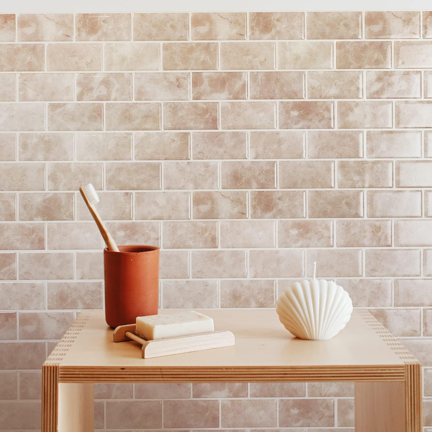 Beige Glossy Marble Peel and Stick Backsplash Tiles, 10-Pack
