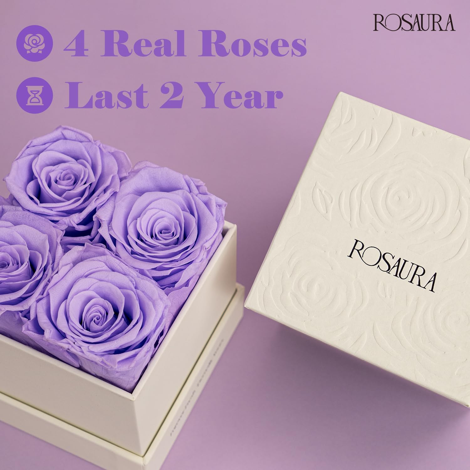 Rosaura 4-Piece Eternal Preserved Roses & Flowers Gift Box - Forever Lasting Real Roses, Preserved Flowers for Valentine's Day (Light Purple) - Image 4