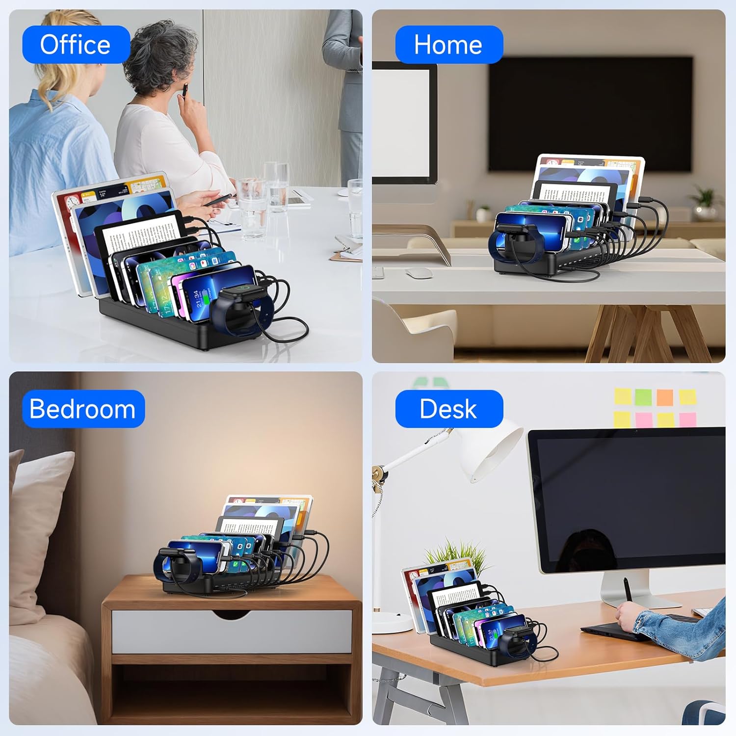 320W Charging Station for Multiple Devices, 10 Ports Fast Multi-Device Charger Organizer Compatible with MacBook Pro Laptop, iPhone, Android, Ipad, Tablet, Kindle, Multi-Device Charging Dock（Black）