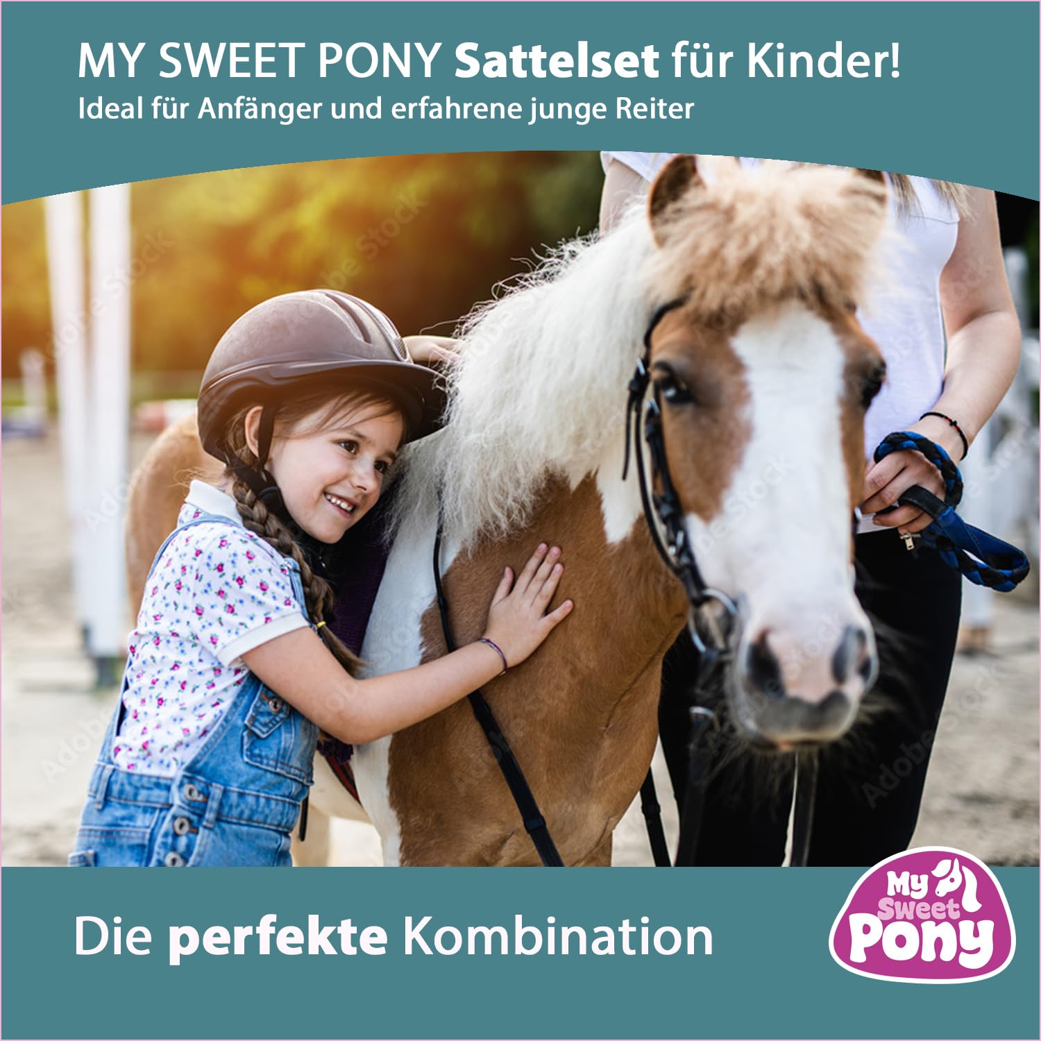 My Sweet Pony Kinder Shettysattel-Set Dream Flower Halfter Führstrick Sattel für Pony Shetty Holzpferd
