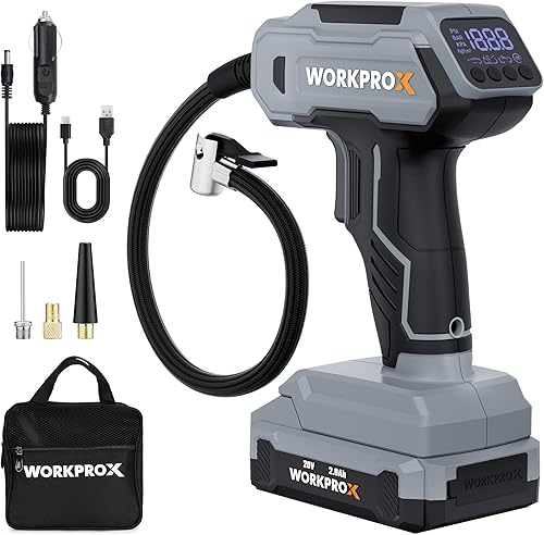 WORKPRO Compresor de aire portátil para inflador de neumáticos, bomba de neumáticos inalámbrica de 150 PSI con medidor de presión digital, inflado