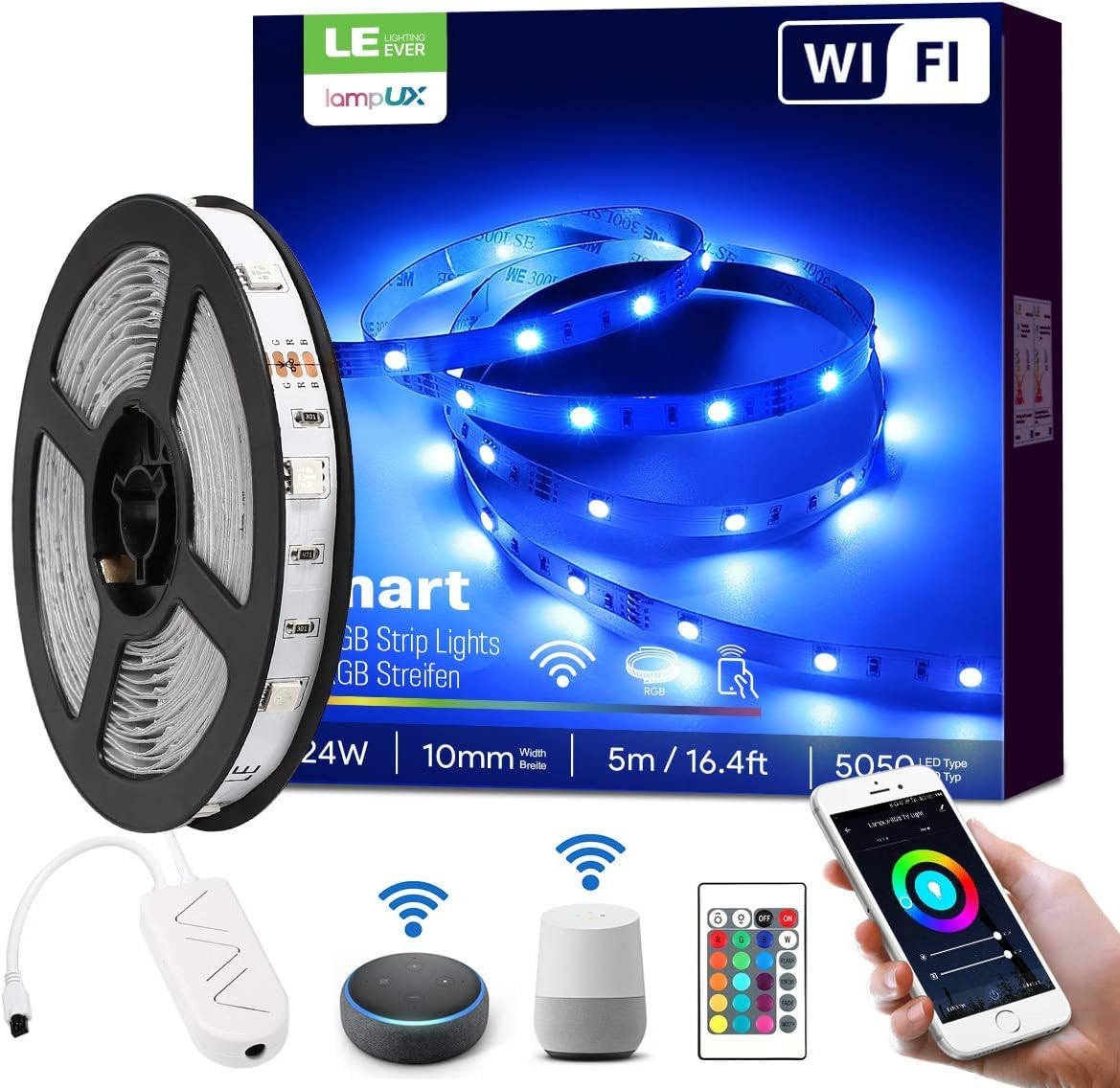 LE Striscia LED 5M RGB WiFi, Strisce LED Intelligente, 16 Milioni Colori, Compatibile con Alexa/Google Home, Smart Striscia Luminosa LED con Telecomando e Controller, Solo 2.4 GHz