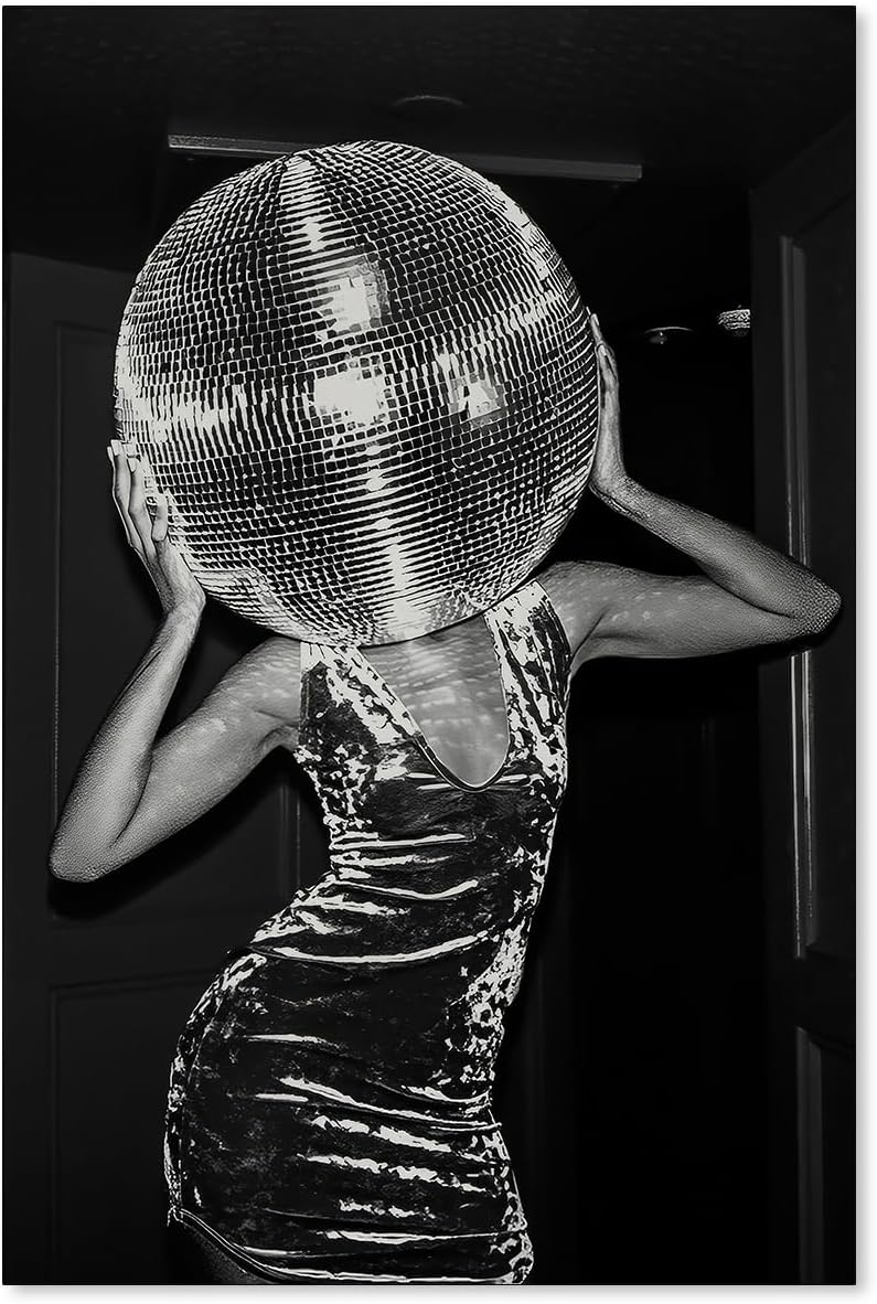 Sufeasdf Vintage Funky Y2k Hot Girl Poster Black and White Disco Ball Canvas Wall Art Trendy Preppy Bar Cart Decor for Living Room Dorm 24x36 inch Unframed