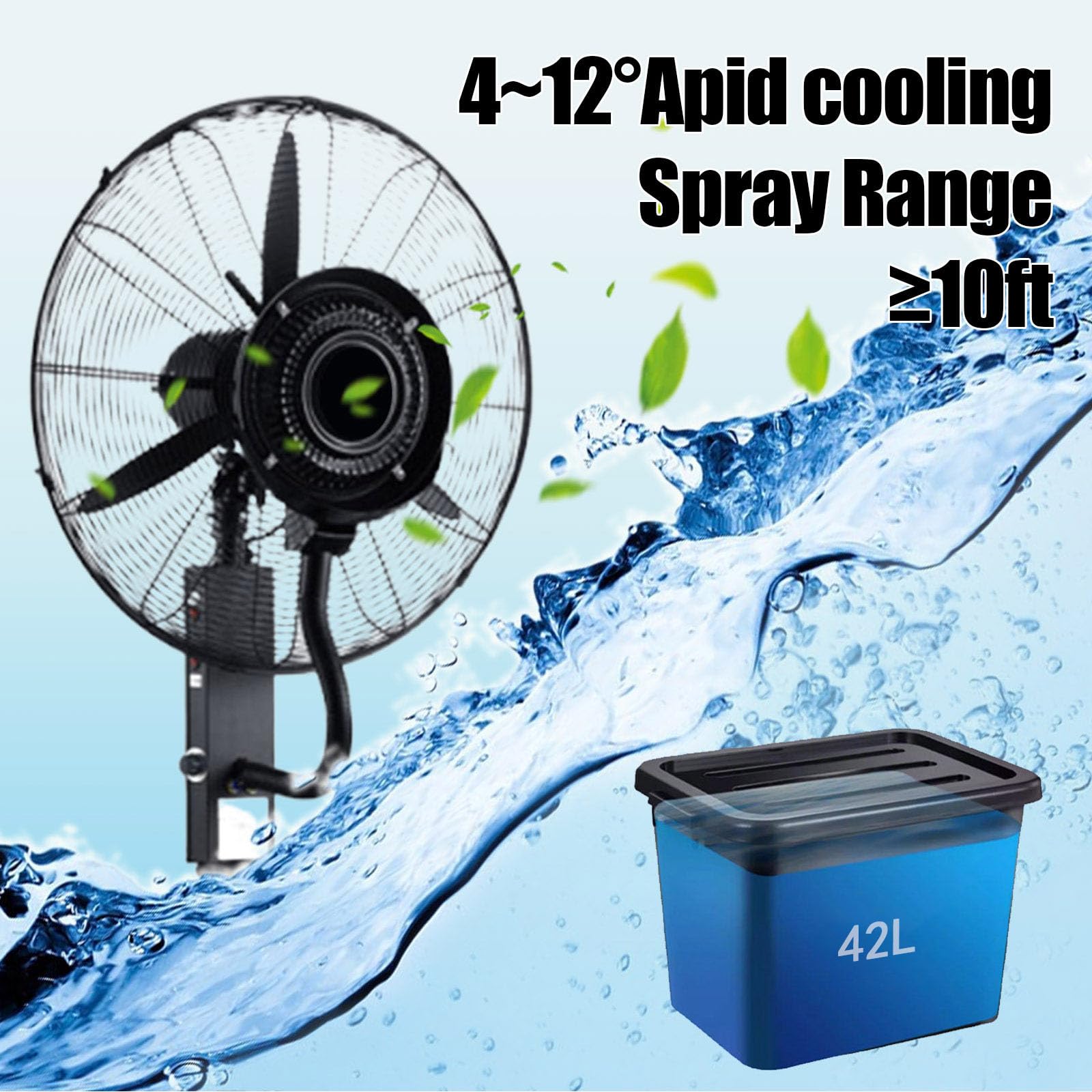 Ventilador Nebulizador de Pie Industrial Uso Industrial y Doméstico, 3 Velocidades, Oscilación 90°, Depósito Agua 42L con 4 Ruedas - Enfriador Larga Distancia para Exteriores, Patio, Garaje