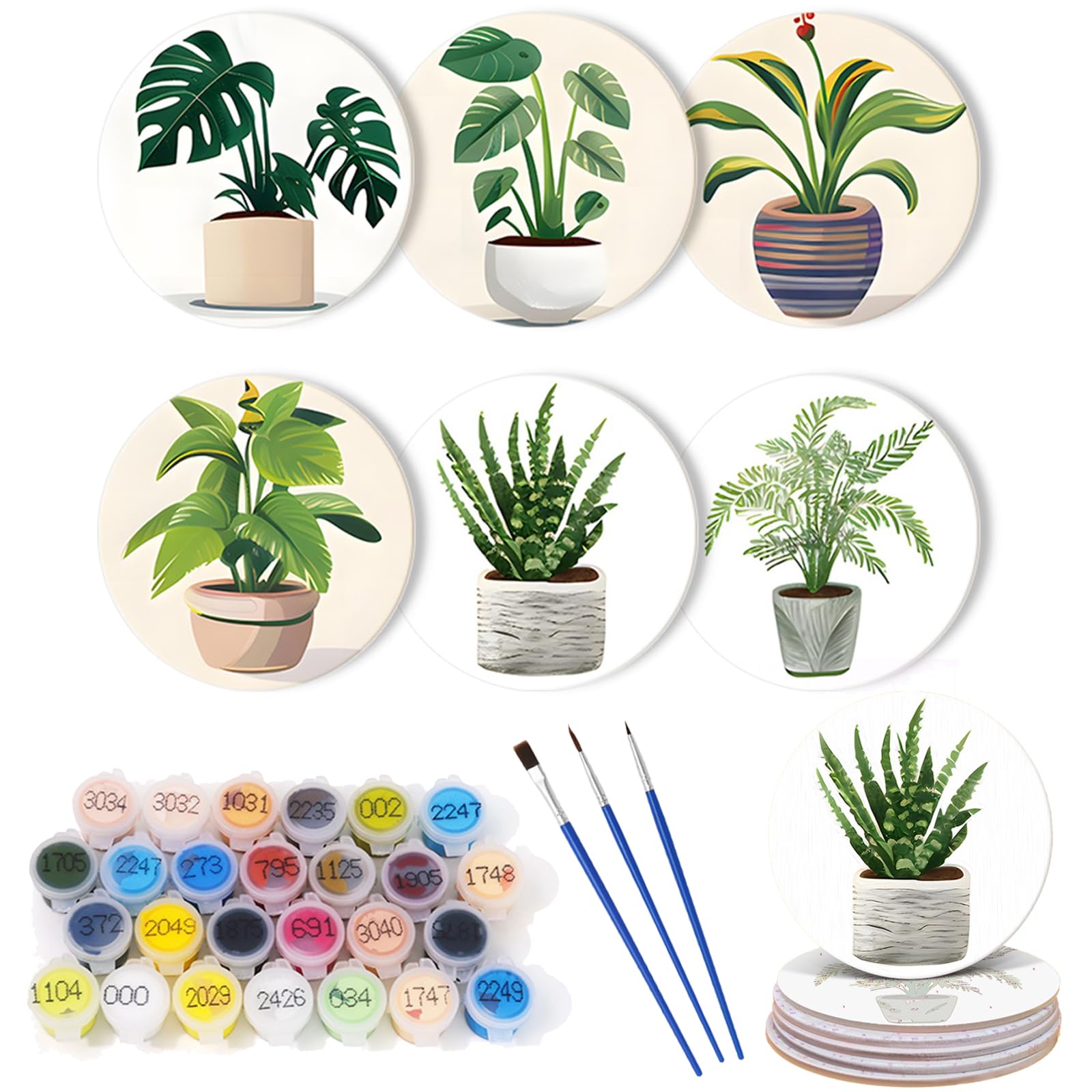 6 Pcs Paint by Numbers Coasters Kits with Holder, DIY Paint by Numbers Coasters for Adults Beginners, Coasters with Brushes Acrylic Paint, Paint by Numbers Kits Craft Supplies -07-Potted Plants — image 1