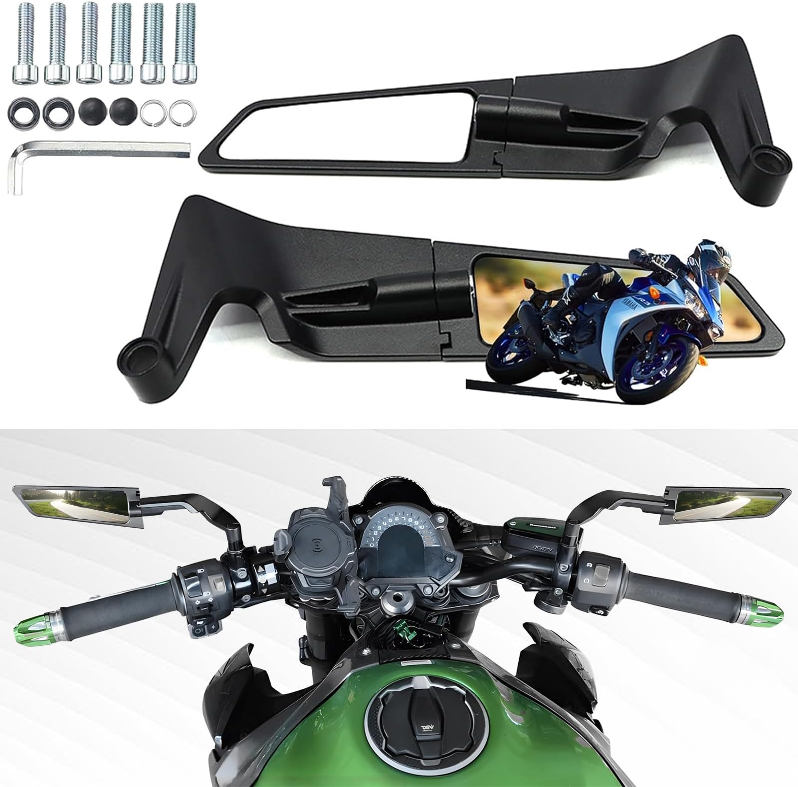Motorcycle Rear View Mirrors, Stealth Wind Wing Side Mirrors Compatible with 2025 Kawasaki Z400 Z650 Z900 Z1000 Duke 125 200 250 390 690 790 1290 MT03 MT07 etc (Normal)