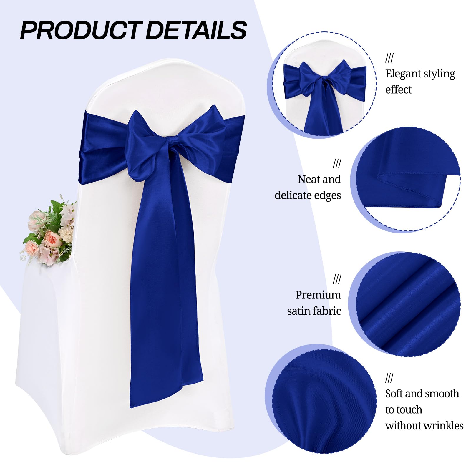 Pesonlook Lot de 50 rubans de chaise en satin pour décoration de fête de mariage, hôtel - 17 x 275 cm - Bleu roi