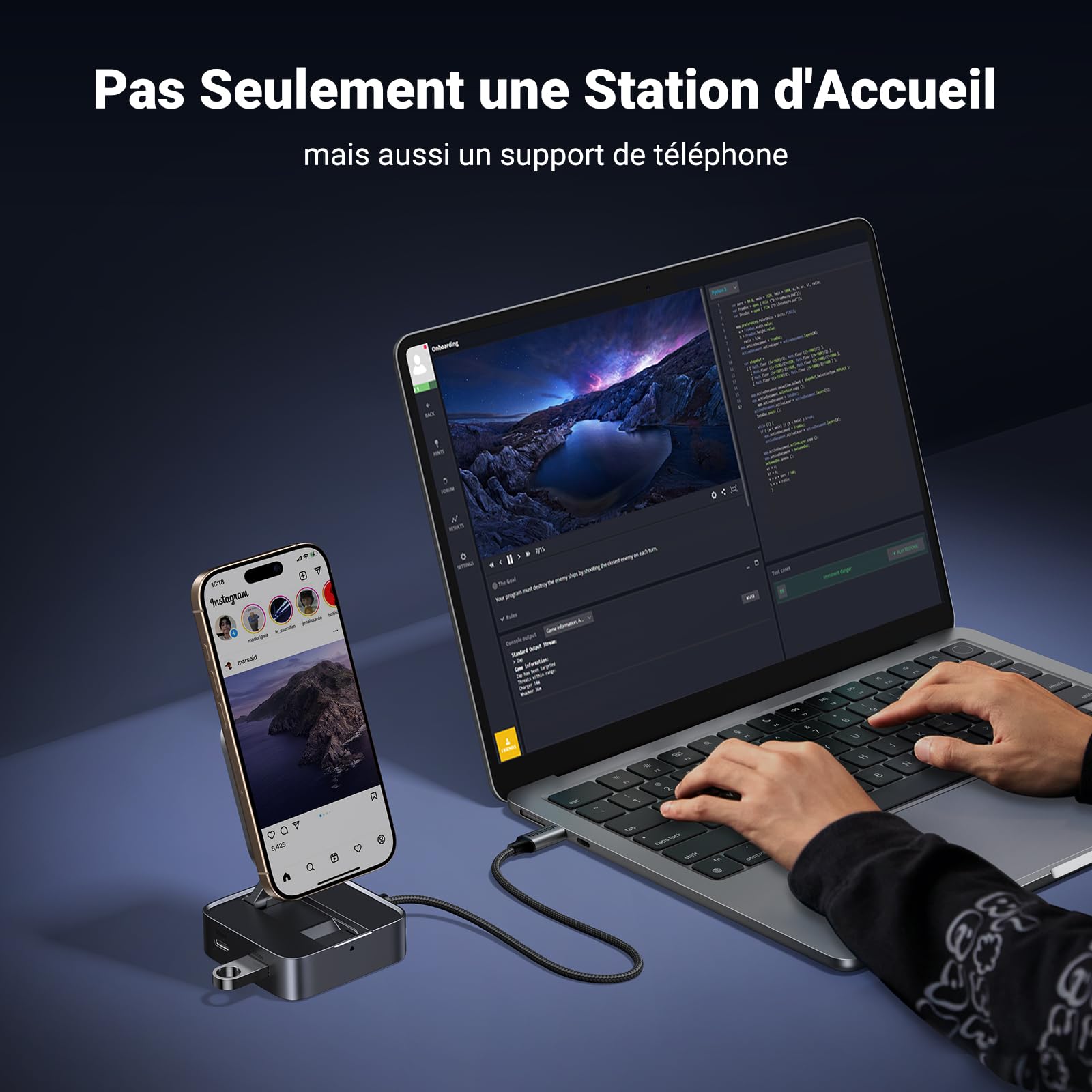UGREEN Docking Station USB C Support Téléphone Magnétique Pliable | Hub USB C, Porte Smartphone Aimanté, HDMI 4K 60Hz, 5Gbps Transfert, PD 100W, Compatible avec MagSafe iPhone 17 16 15 Série