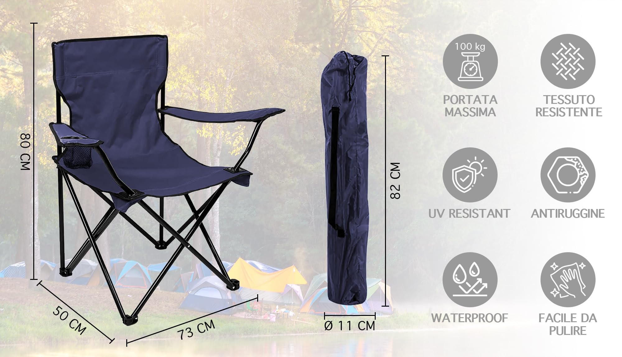 IlGruppone Sedia Camping Pieghevole in Acciaio con Porta Bevande – Sedia da Campeggio Portatile Impermeabile e Antiruggine con Sacca Trasporto – Ideale per Mare, Spiaggia, Pesca e Outdoor (Blu)