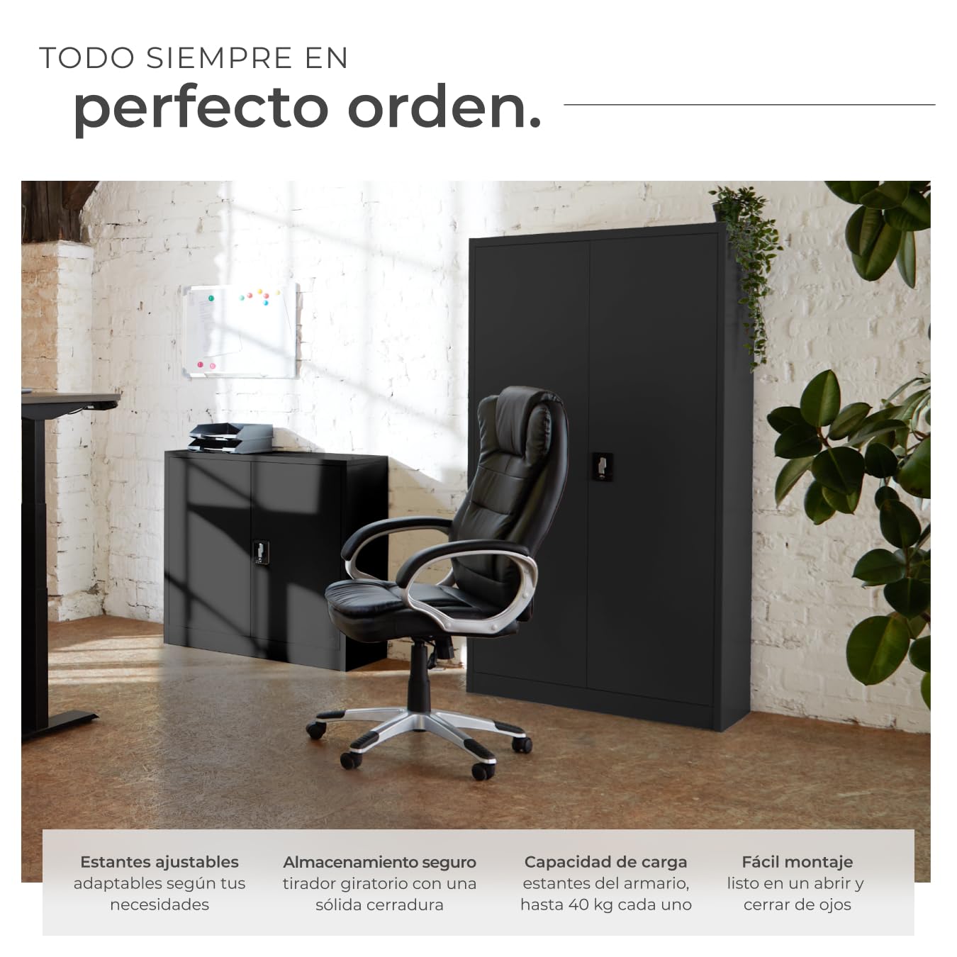 tectake® Armario Archivador, Cierre De Seguridad, 4 Alturas, Cajones Ajustables, Mueble Oficina, Acero, Puertas Reforzadas, Limpieza Sencilla, Candado De Seguridad - 140x40x90cm Negro